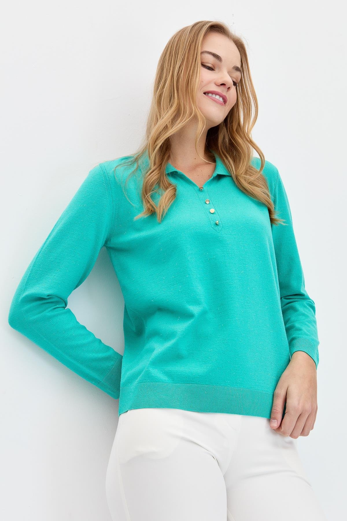 23026Kadın Polo Yaka Angelina Basic Kazak S.Yeşili