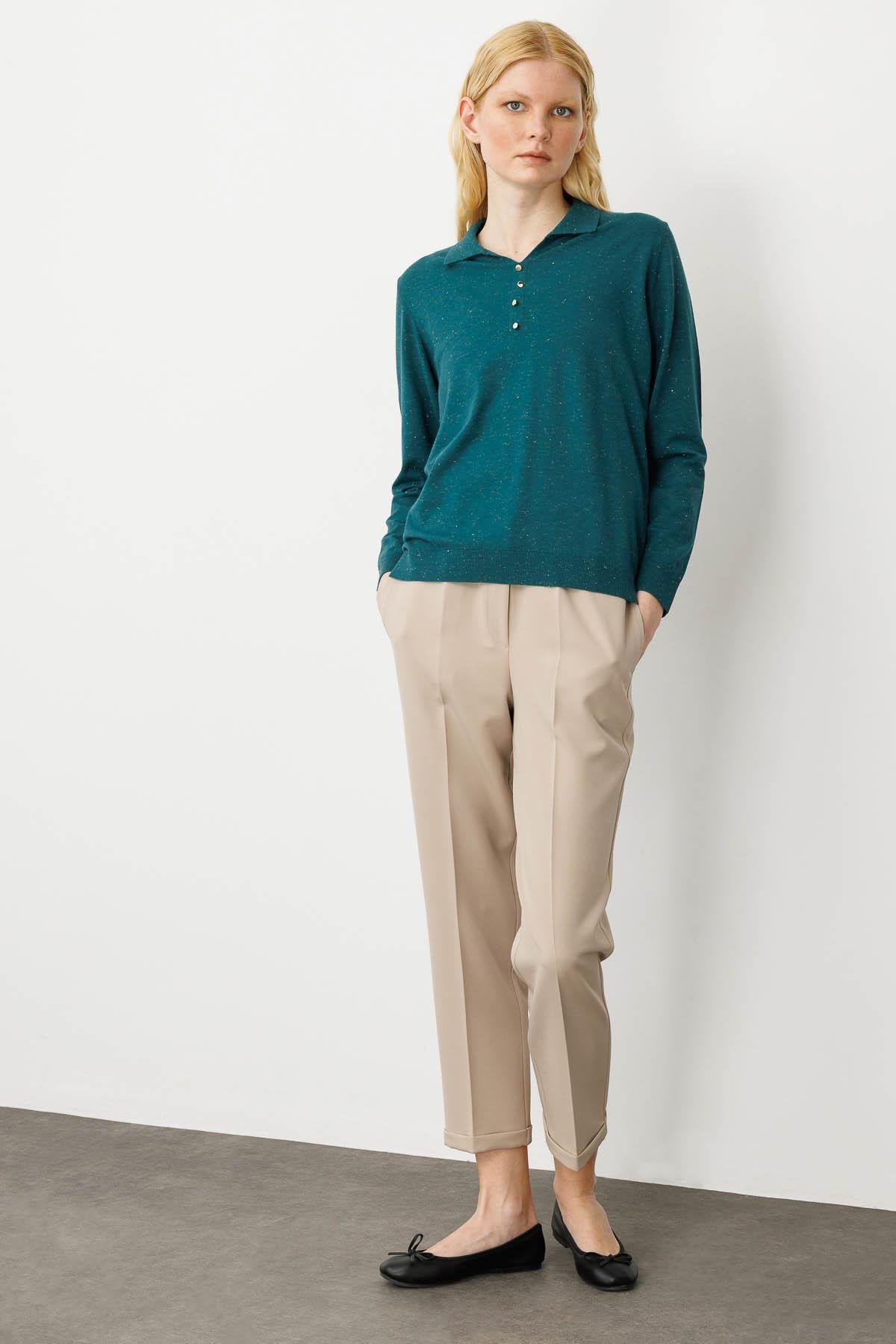 23026Kadın Polo Yaka Angelina Basic Kazak Yeşil