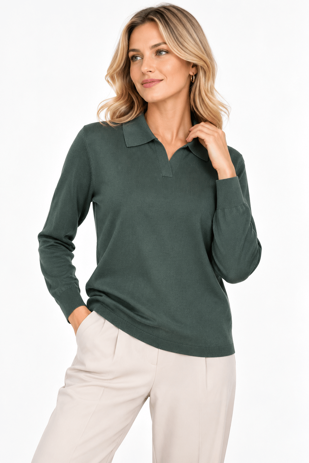 26652Kadın Polo Yaka Basic Düz Bluz A.Yeşil