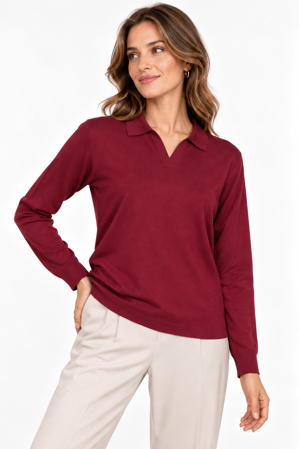 26652Kadın Polo Yaka Basic Düz Bluz Bordo
