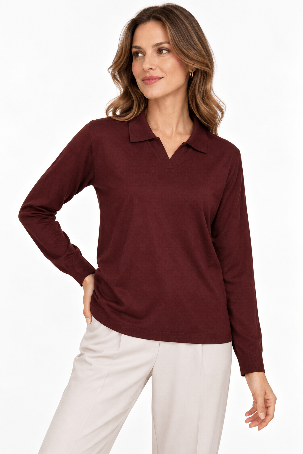 26652Kadın Polo Yaka Basic Düz Bluz Kahve