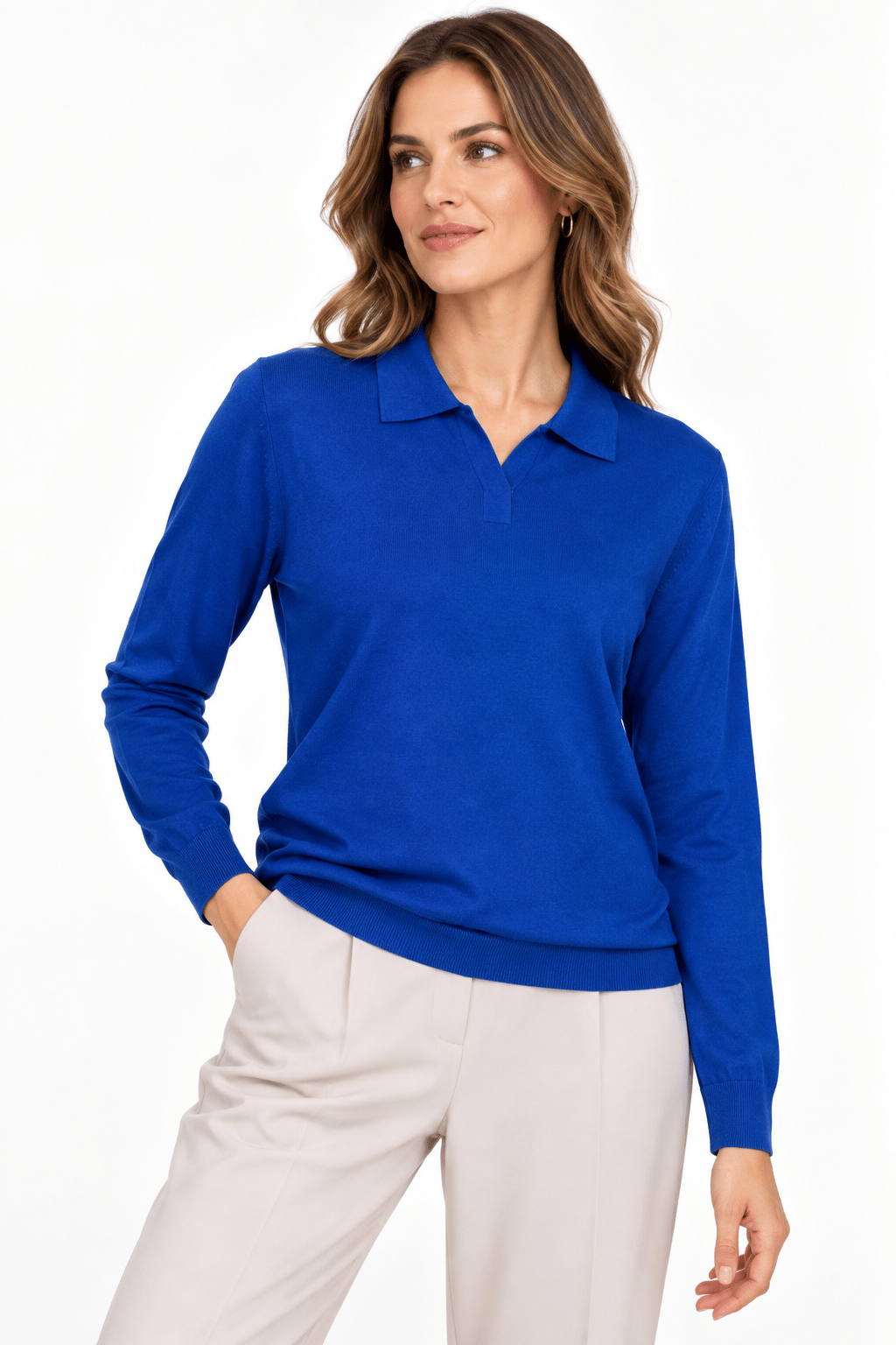26652Kadın Polo Yaka Basic Düz Bluz Y.A Lacivert