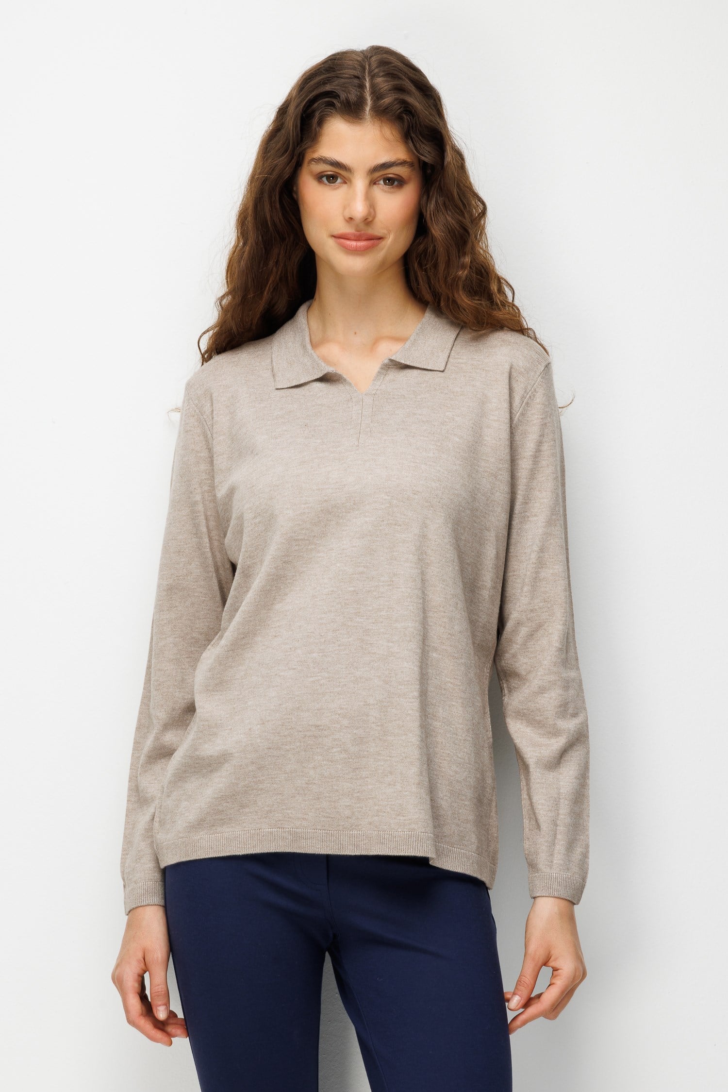 26652Kadın Polo Yaka Basic Düz Kazak Vizon