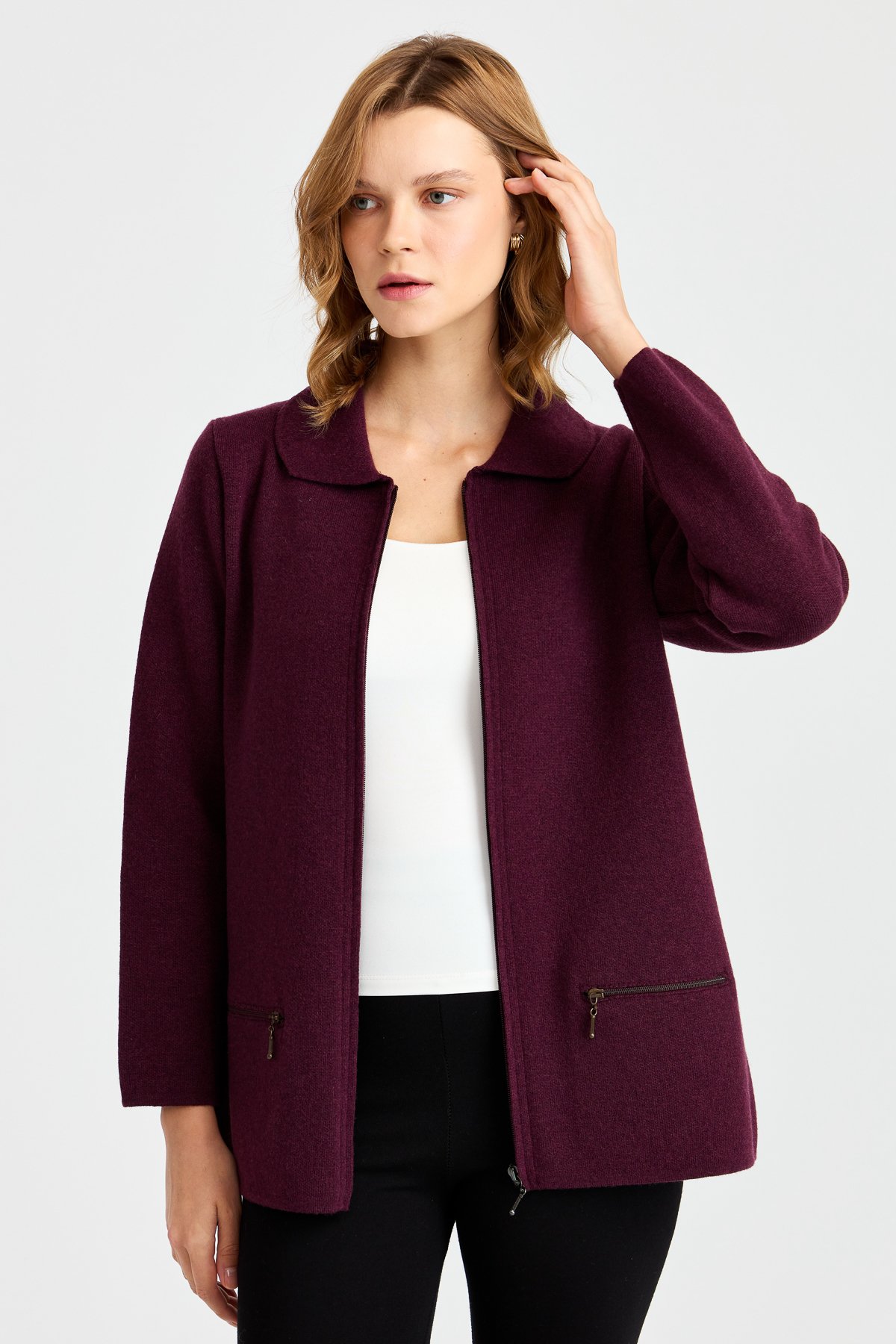 22128Женский шерстяной кардиган с вырезом поло и карманом на молнии