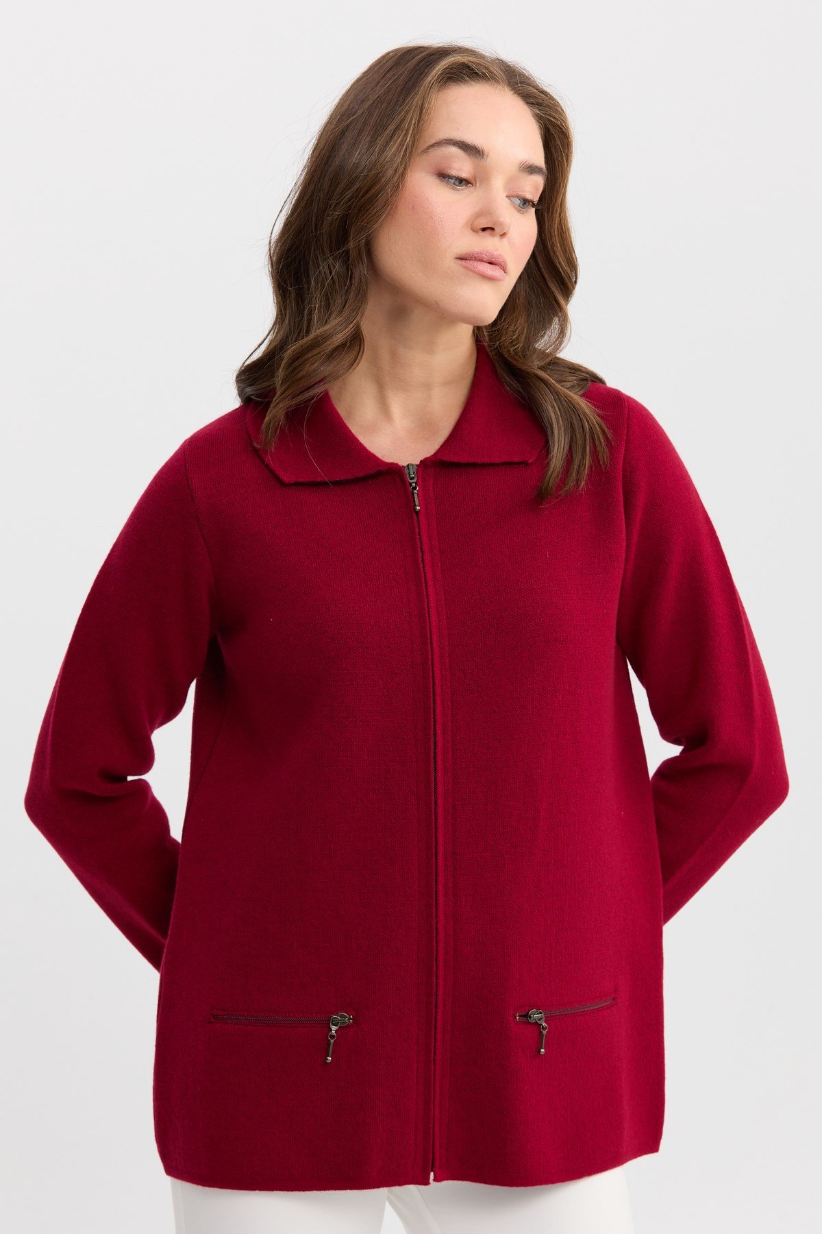 22128Kadın Polo Yaka Cebi Fermuarlı Yün Hırka V.Çürüğü