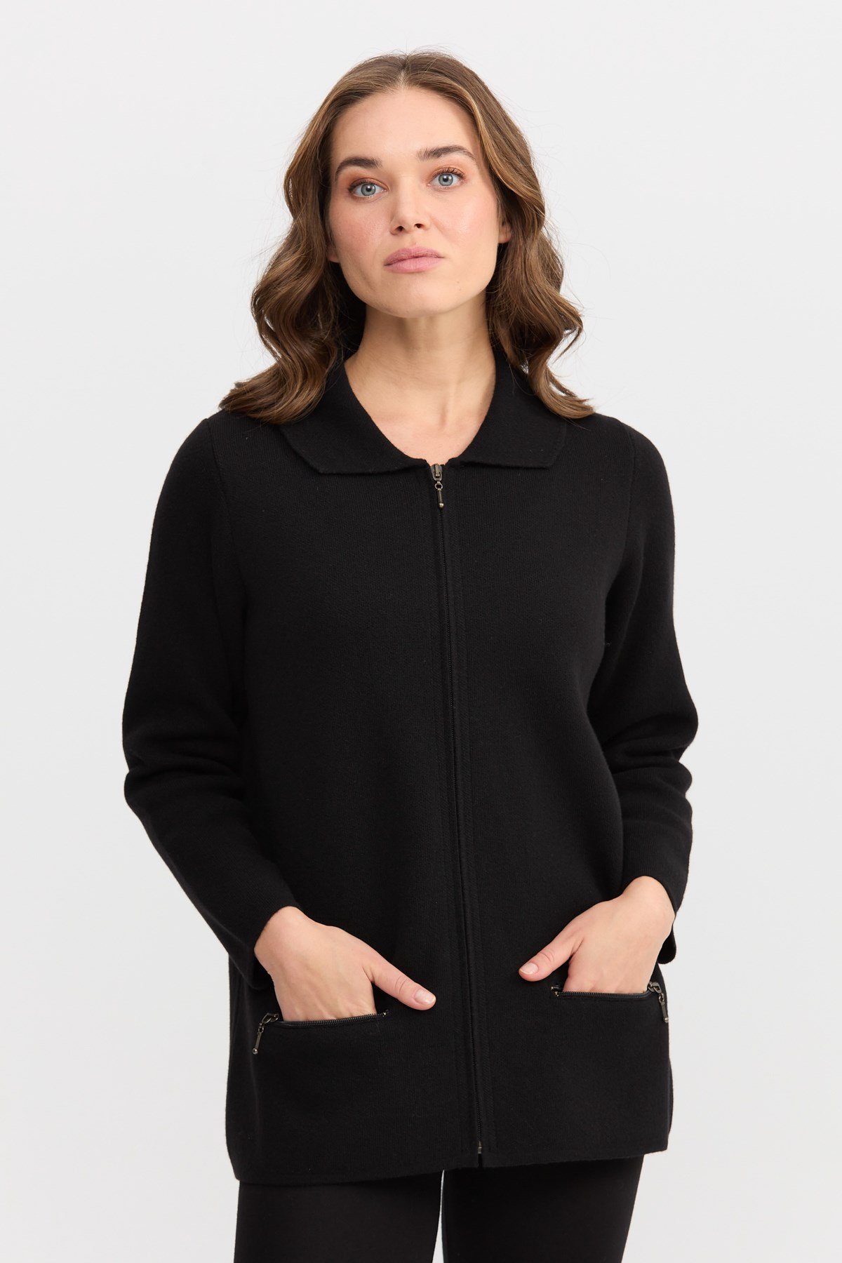 22128Kadın Polo Yaka Cebi Fermuarlı Yün Hırka Siyah