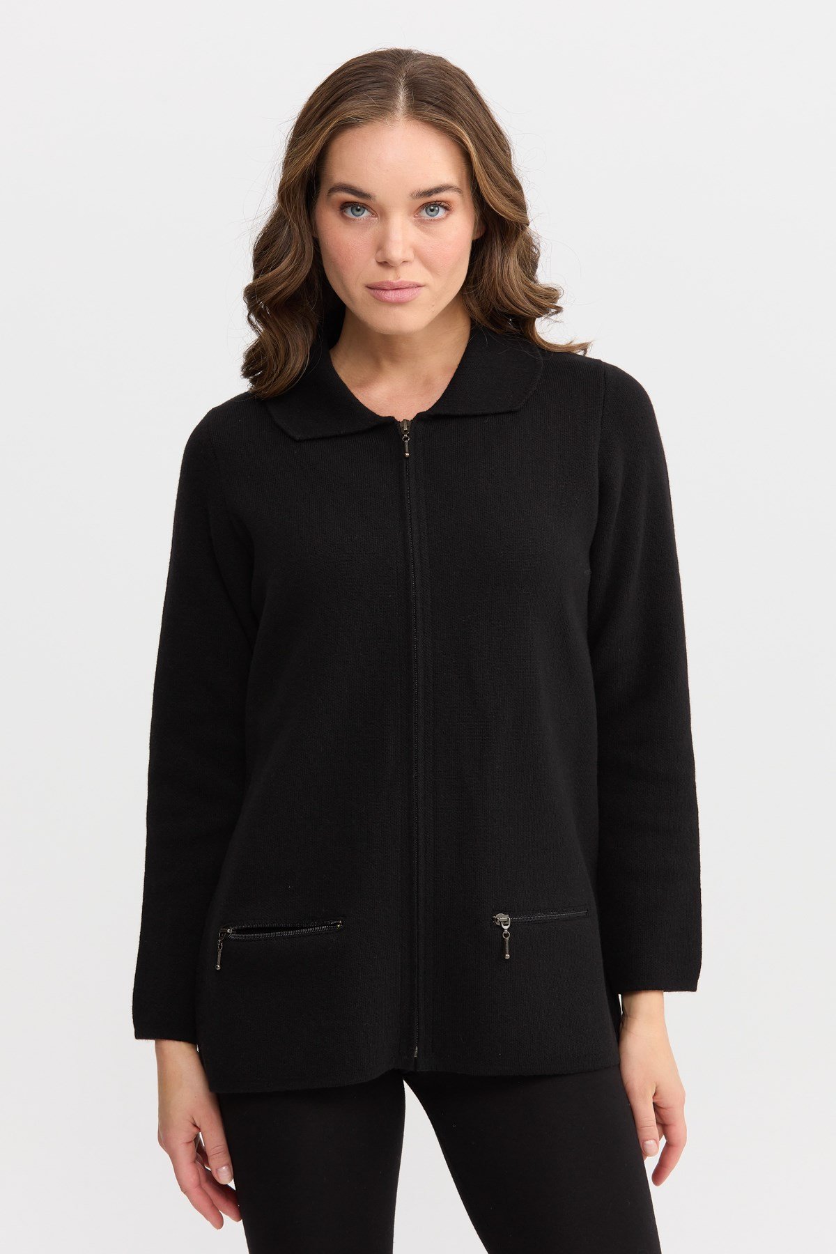 22128Kadın Polo Yaka Cebi Fermuarlı Yün Hırka Siyah