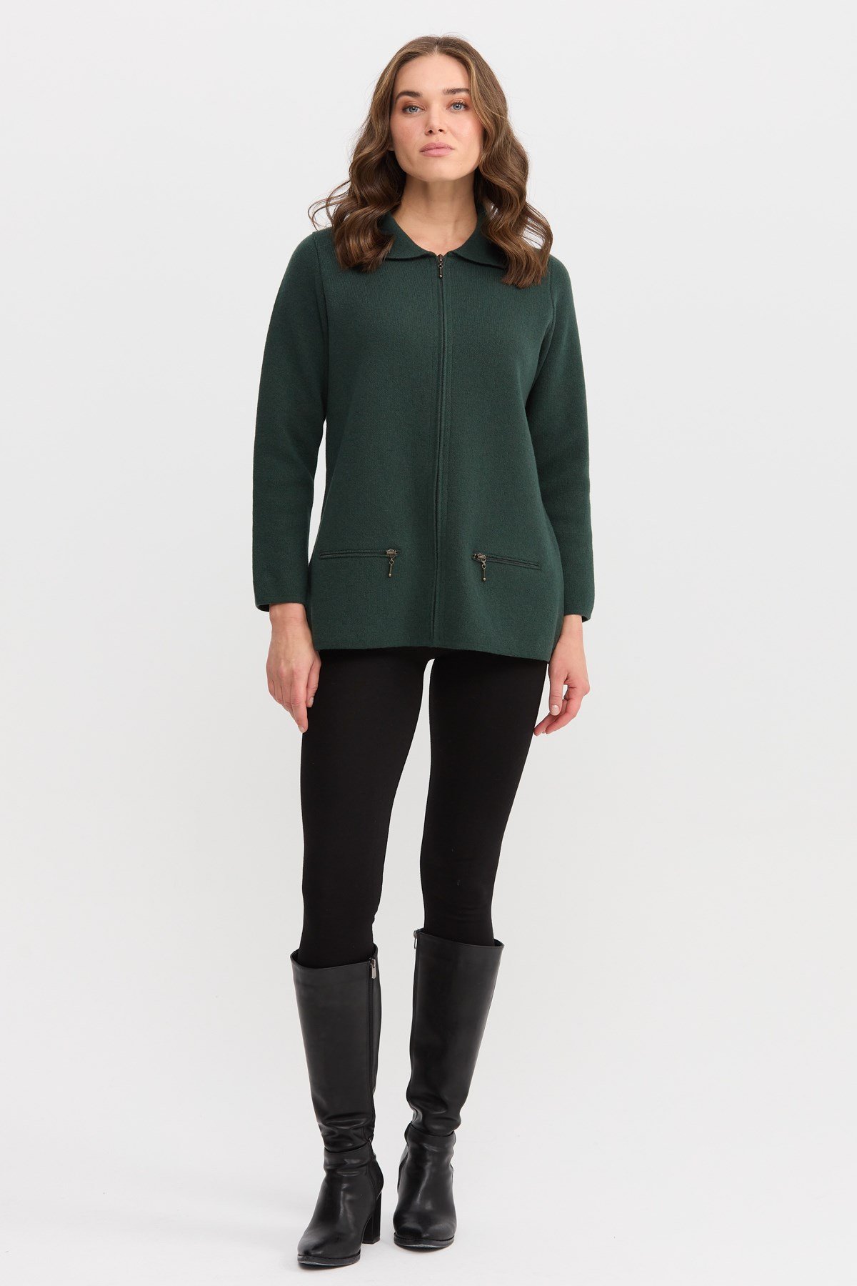 22128Kadın Polo Yaka Cebi Fermuarlı Yün Hırka Yeşil