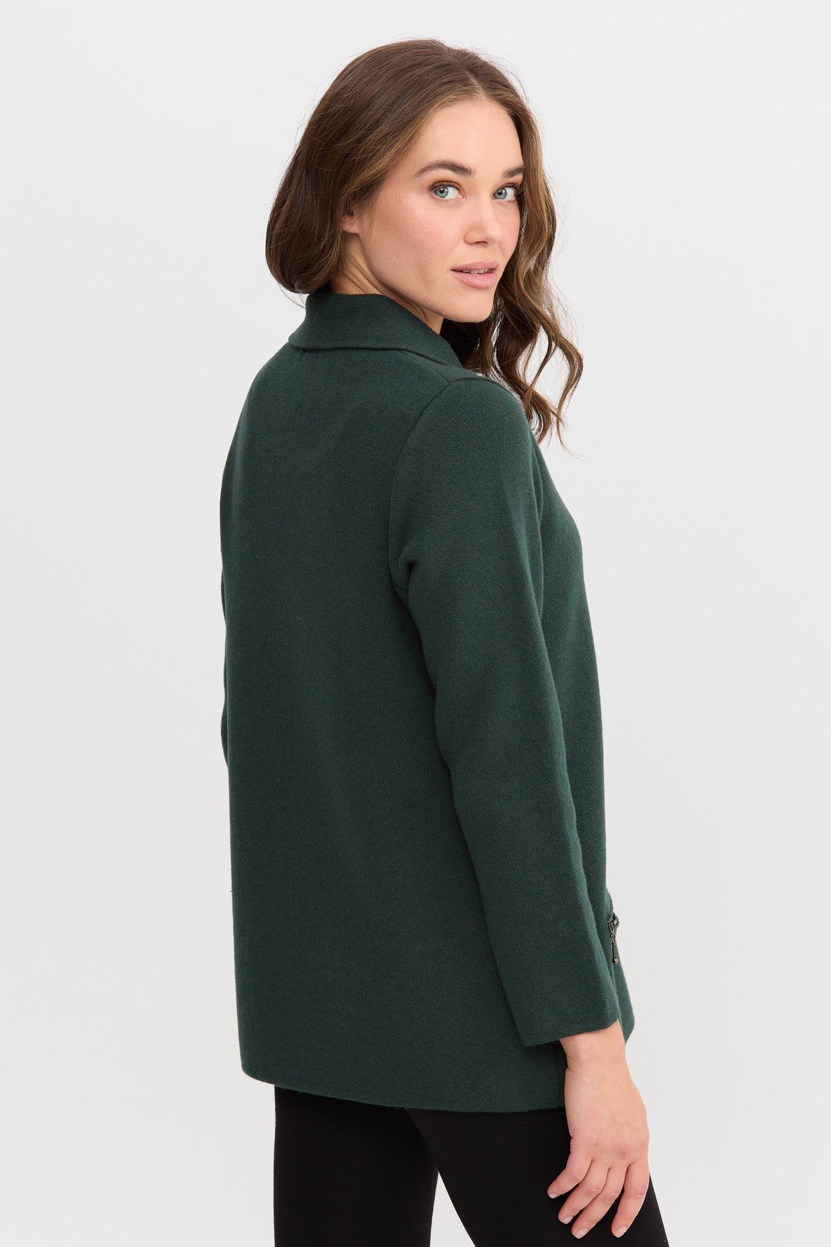 22128Kadın Polo Yaka Cebi Fermuarlı Yün Hırka Yeşil