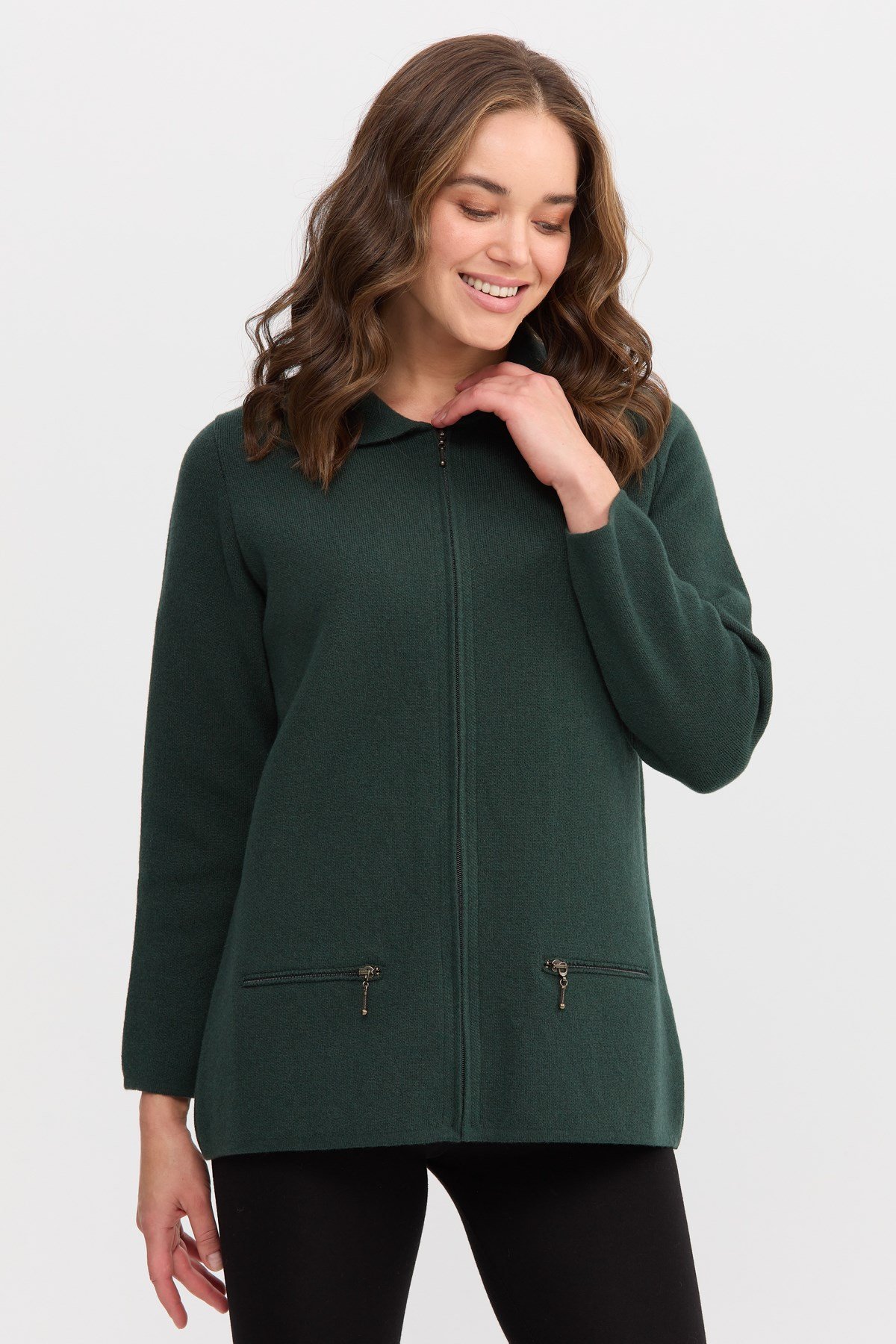 22128Kadın Polo Yaka Cebi Fermuarlı Yün Hırka Yeşil