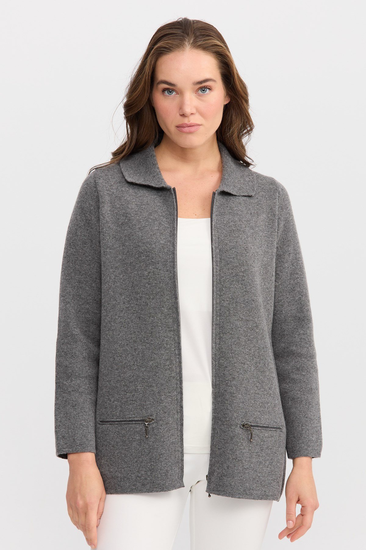 22128Kadın Polo Yaka Cebi Fermuarlı Yün Hırka Füme