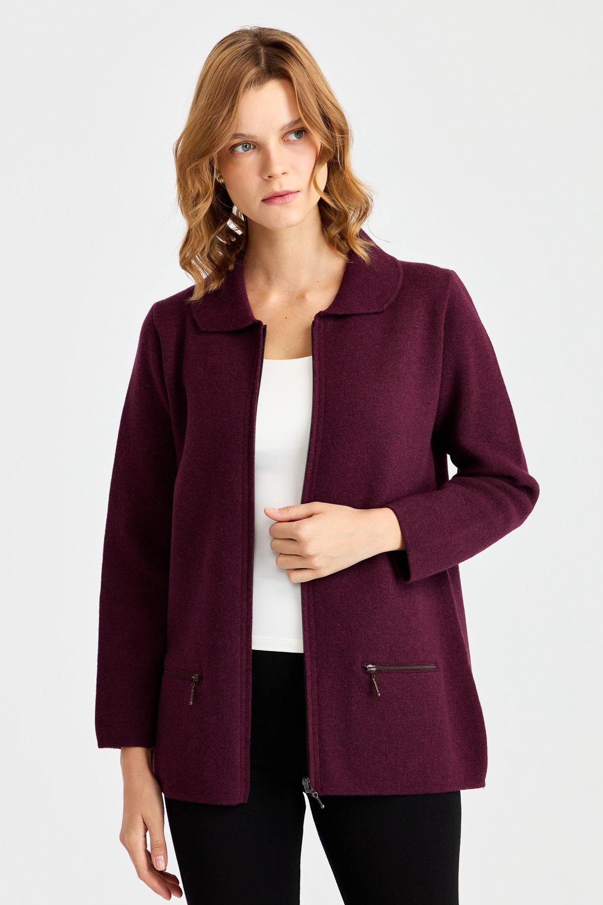 22128Женский шерстяной кардиган с вырезом поло и карманом на молнии