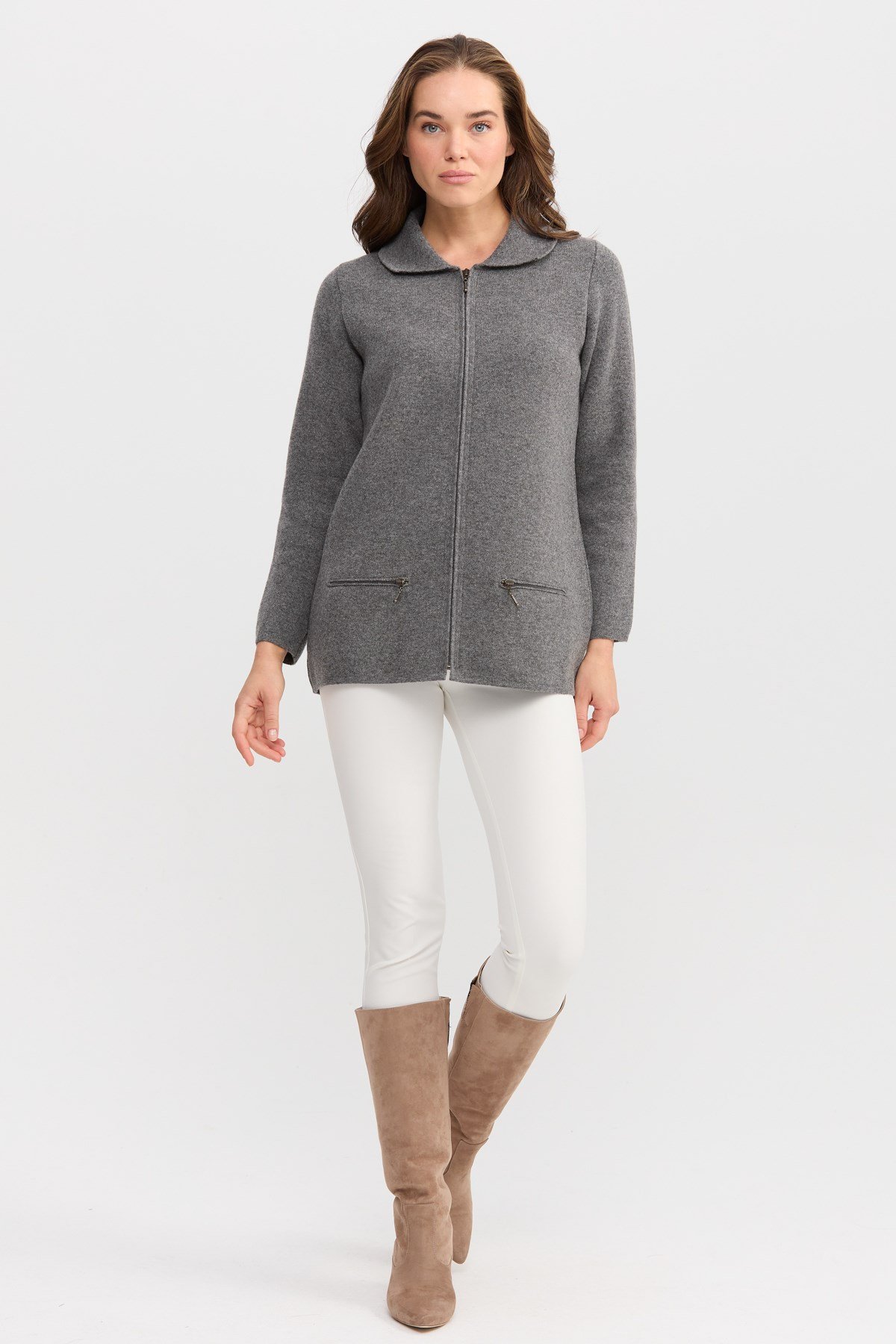 22128Kadın Polo Yaka Cebi Fermuarlı Yün Hırka Füme