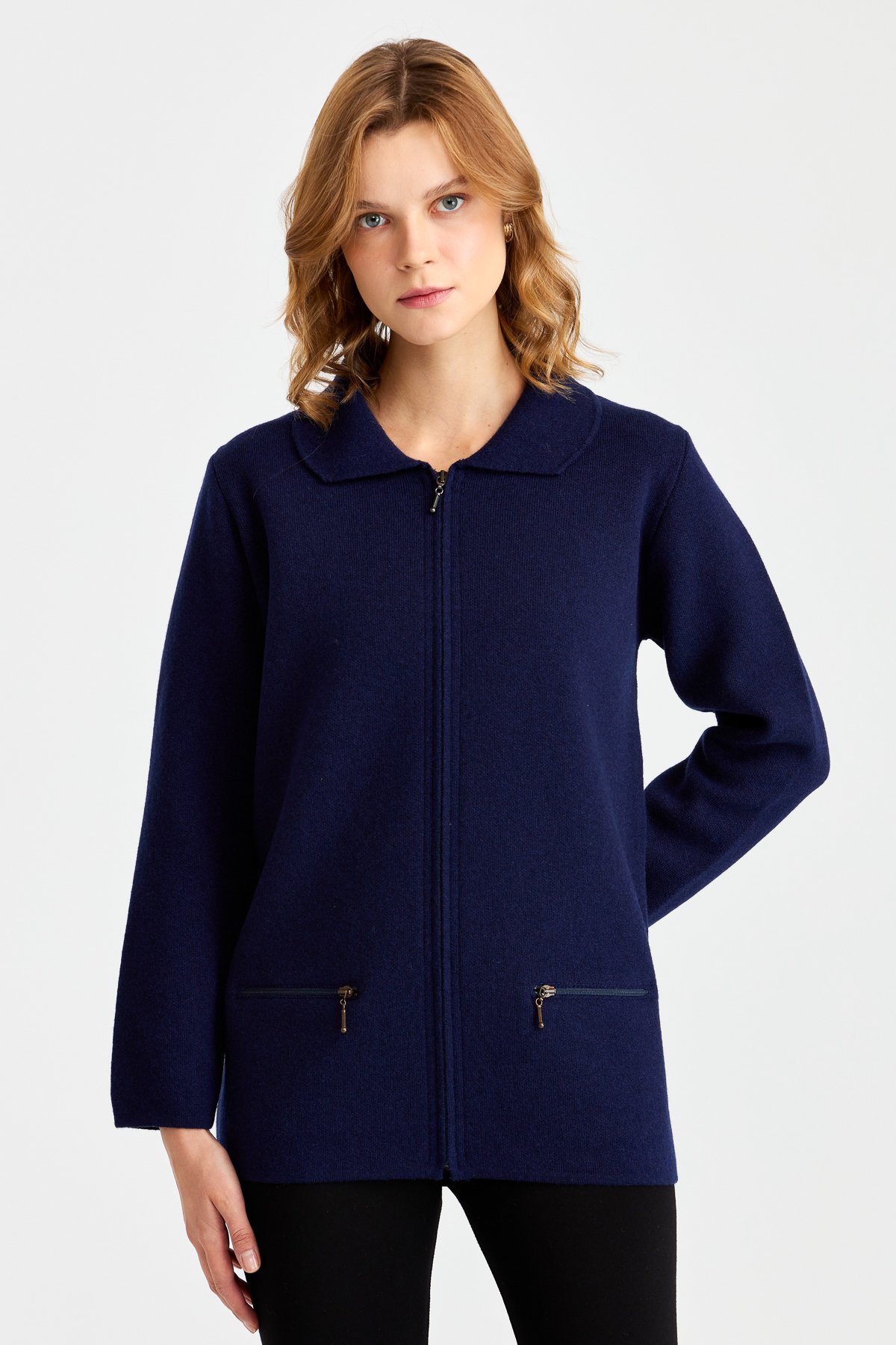 22128Женский шерстяной кардиган с вырезом поло и карманом на молнии