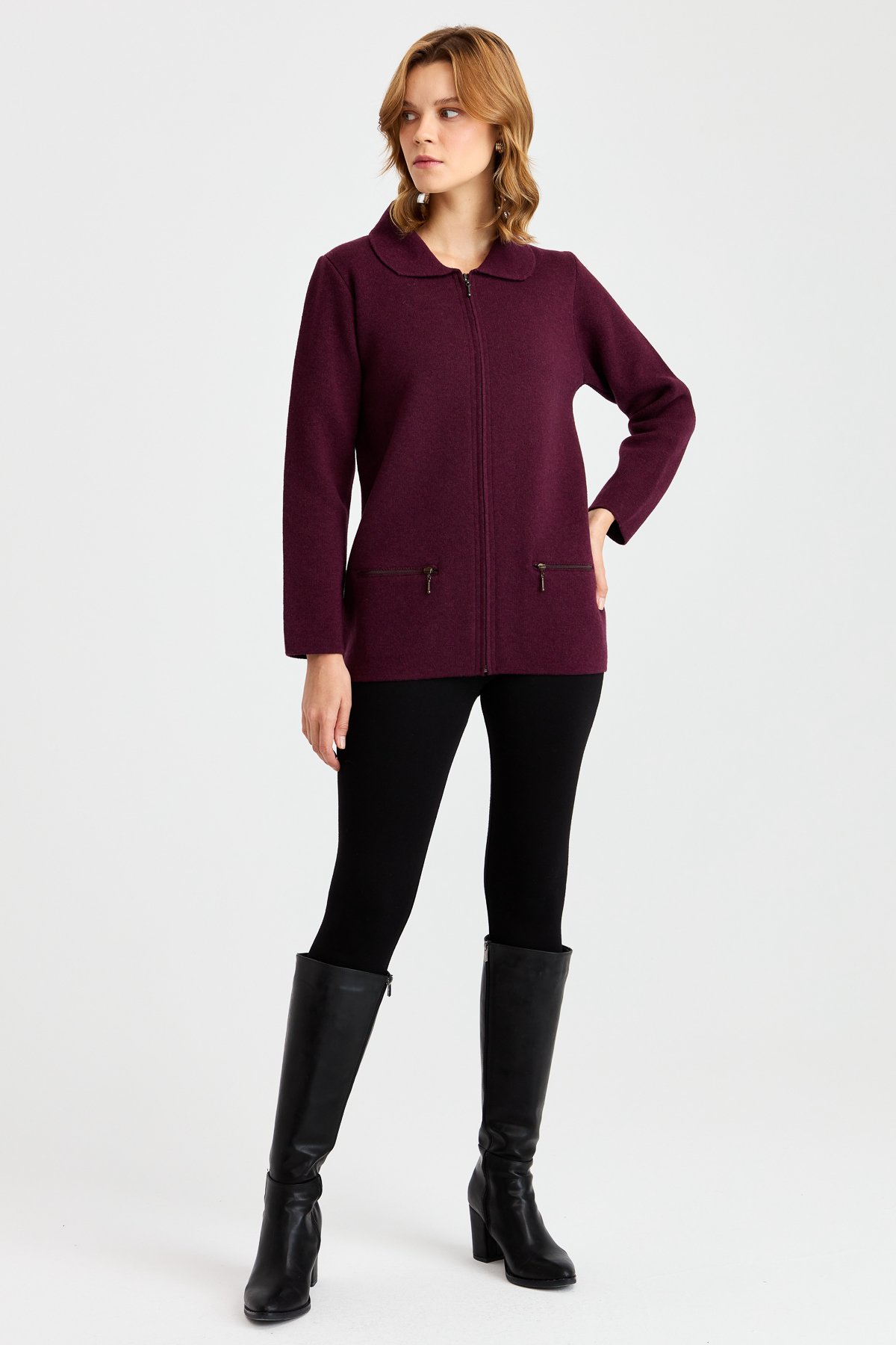 22128Женский шерстяной кардиган с вырезом поло и карманом на молнии