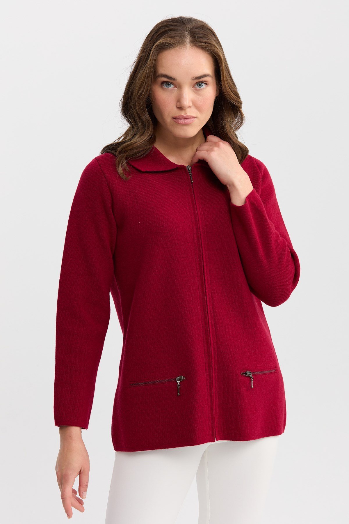 22128Kadın Polo Yaka Cebi Fermuarlı Yün Hırka V.Çürüğü