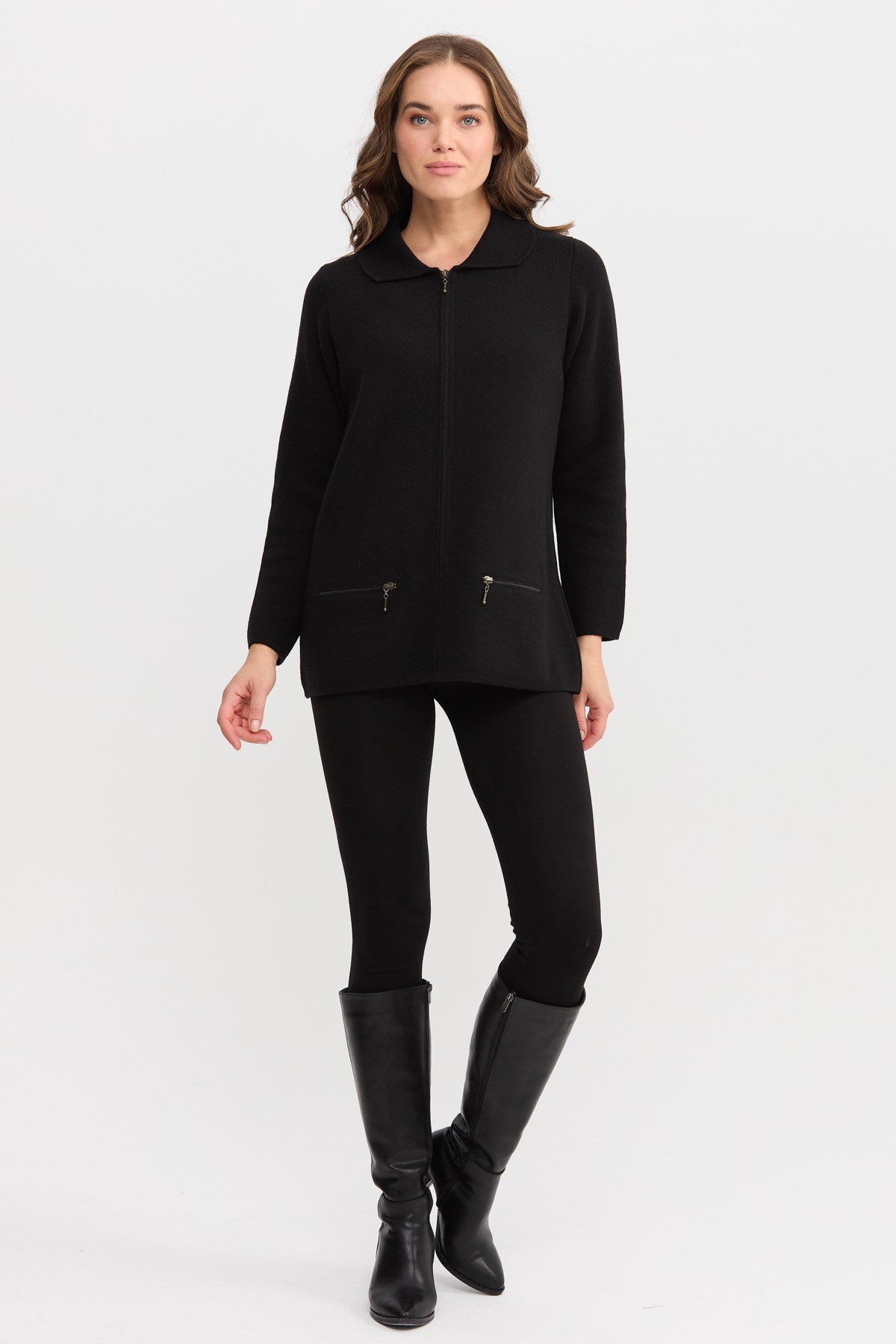 22128Kadın Polo Yaka Cebi Fermuarlı Yün Hırka Siyah