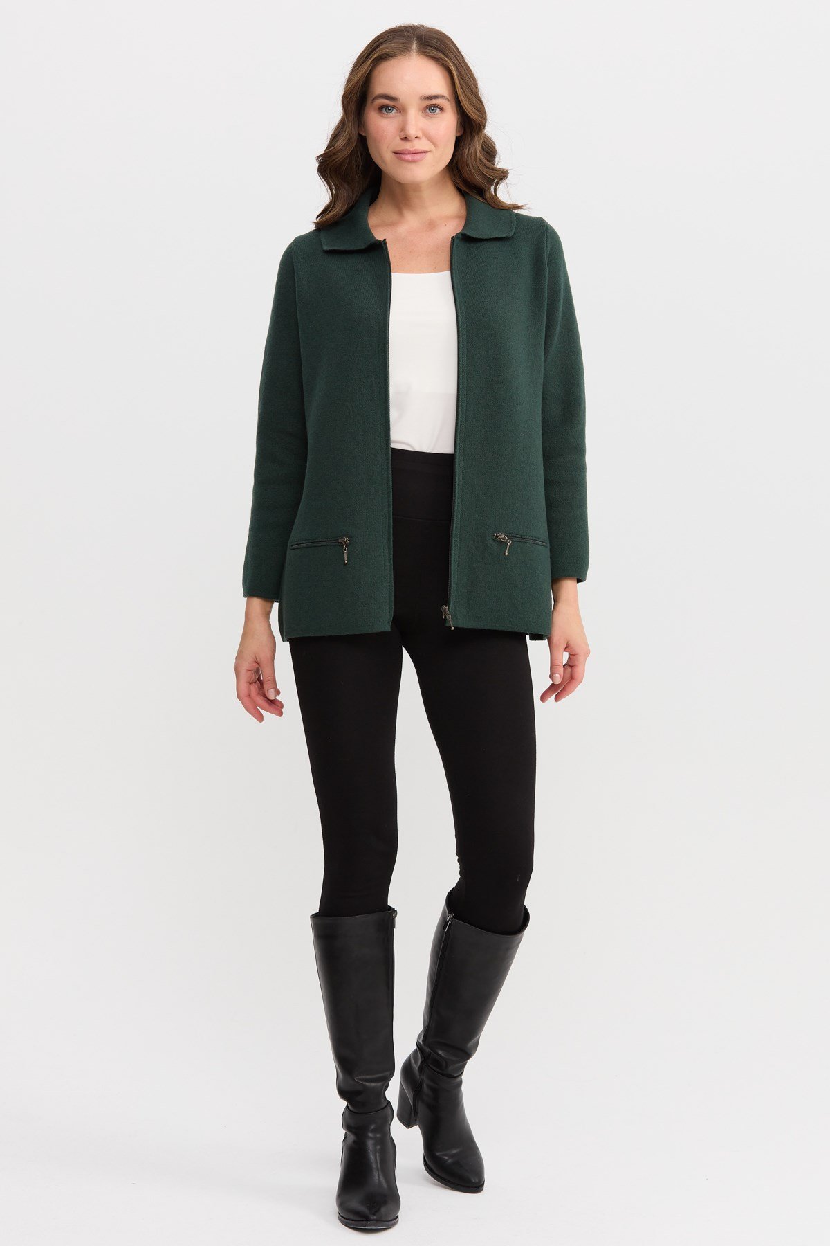 22128Kadın Polo Yaka Cebi Fermuarlı Yün Hırka Yeşil