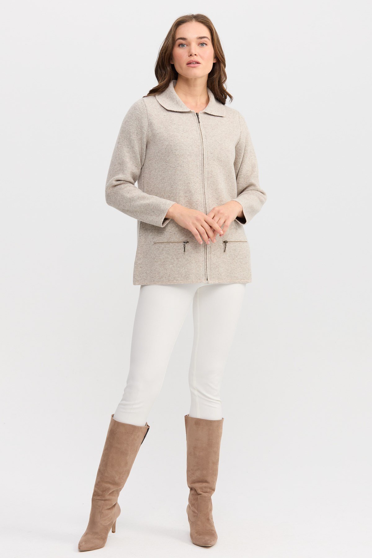 22128Kadın Polo Yaka Cebi Fermuarlı Yün Hırka V.Bej