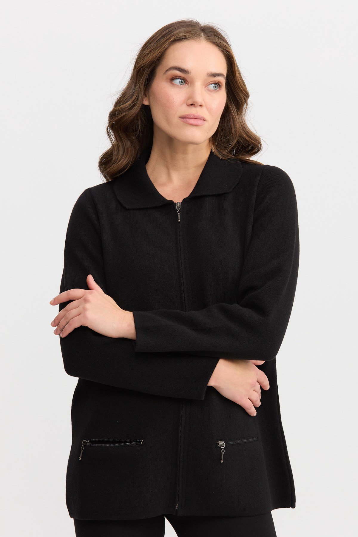 22128Kadın Polo Yaka Cebi Fermuarlı Yün Hırka Siyah