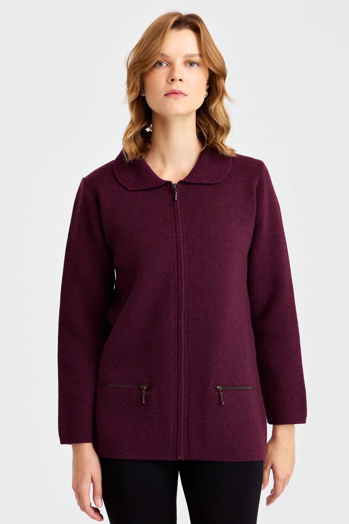 22128Женский шерстяной кардиган с вырезом поло и карманом на молнии