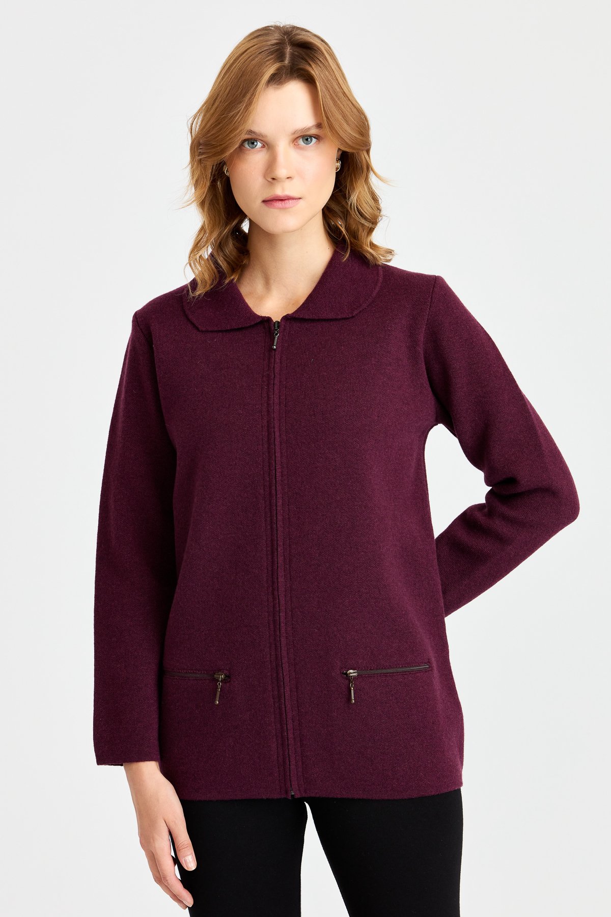 22128Женский шерстяной кардиган с вырезом поло и карманом на молнии