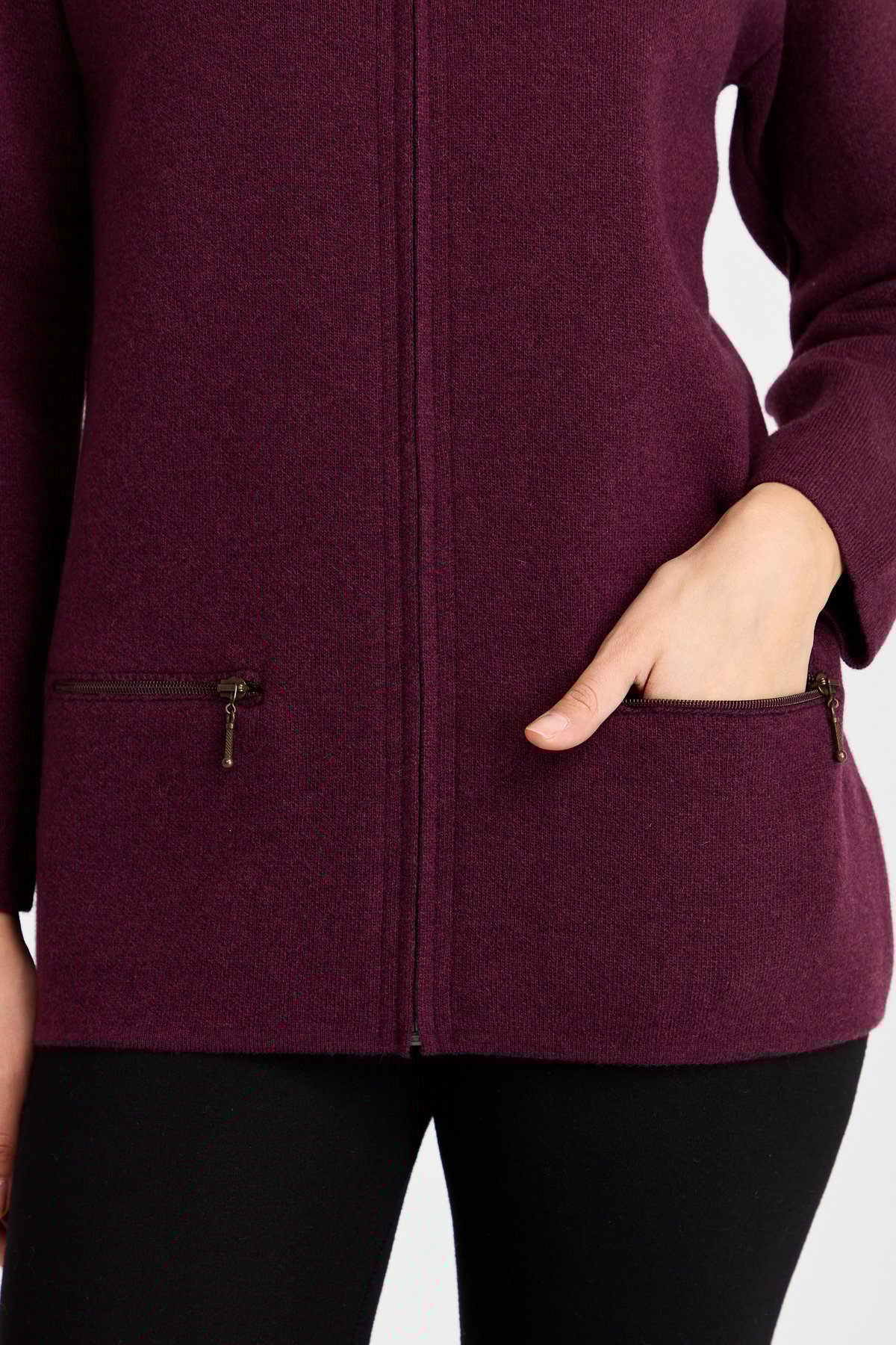 22128Женский шерстяной кардиган с вырезом поло и карманом на молнии