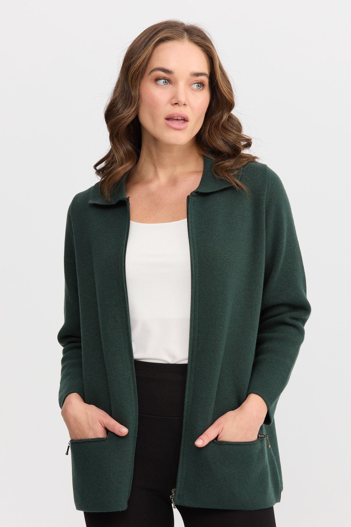 22128Kadın Polo Yaka Cebi Fermuarlı Yün Hırka Yeşil