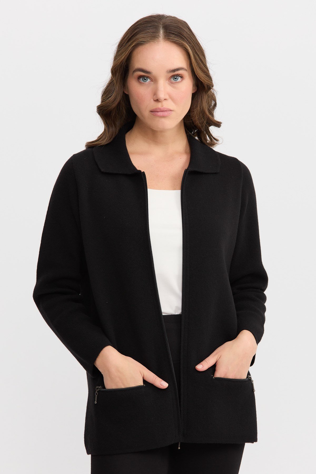 22128Kadın Polo Yaka Cebi Fermuarlı Yün Hırka Siyah