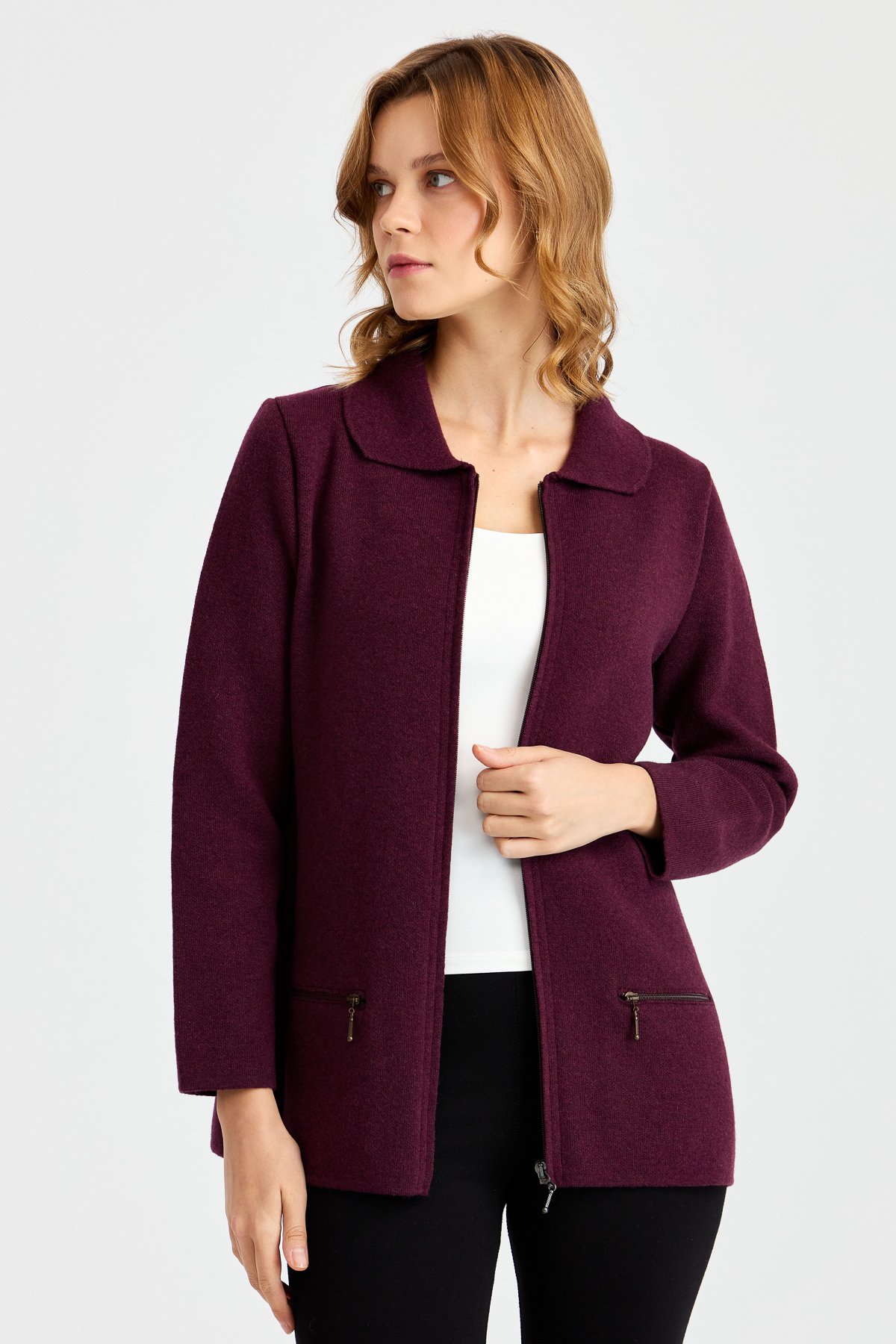 22128Женский шерстяной кардиган с вырезом поло и карманом на молнии