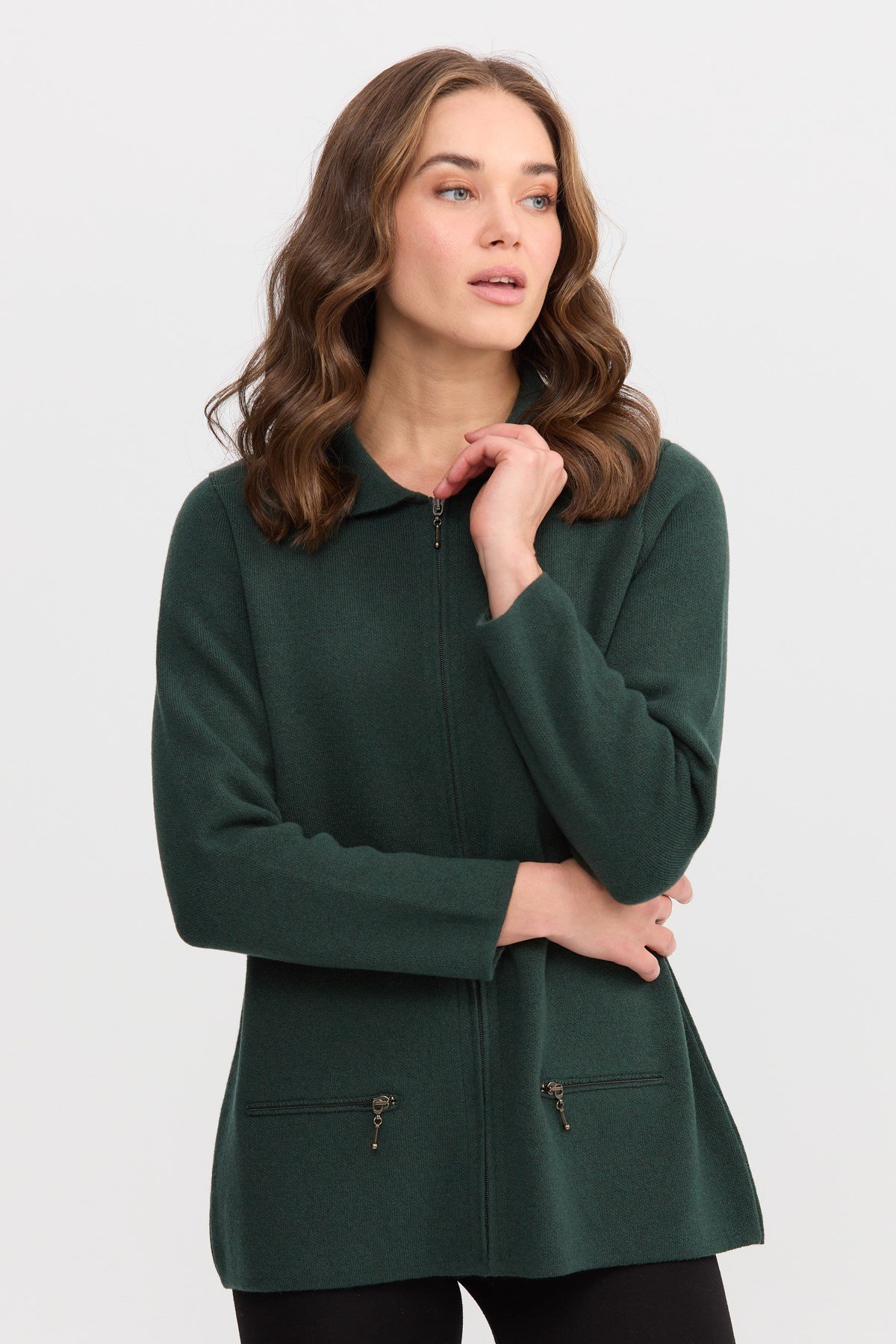 22128Kadın Polo Yaka Cebi Fermuarlı Yün Hırka Yeşil