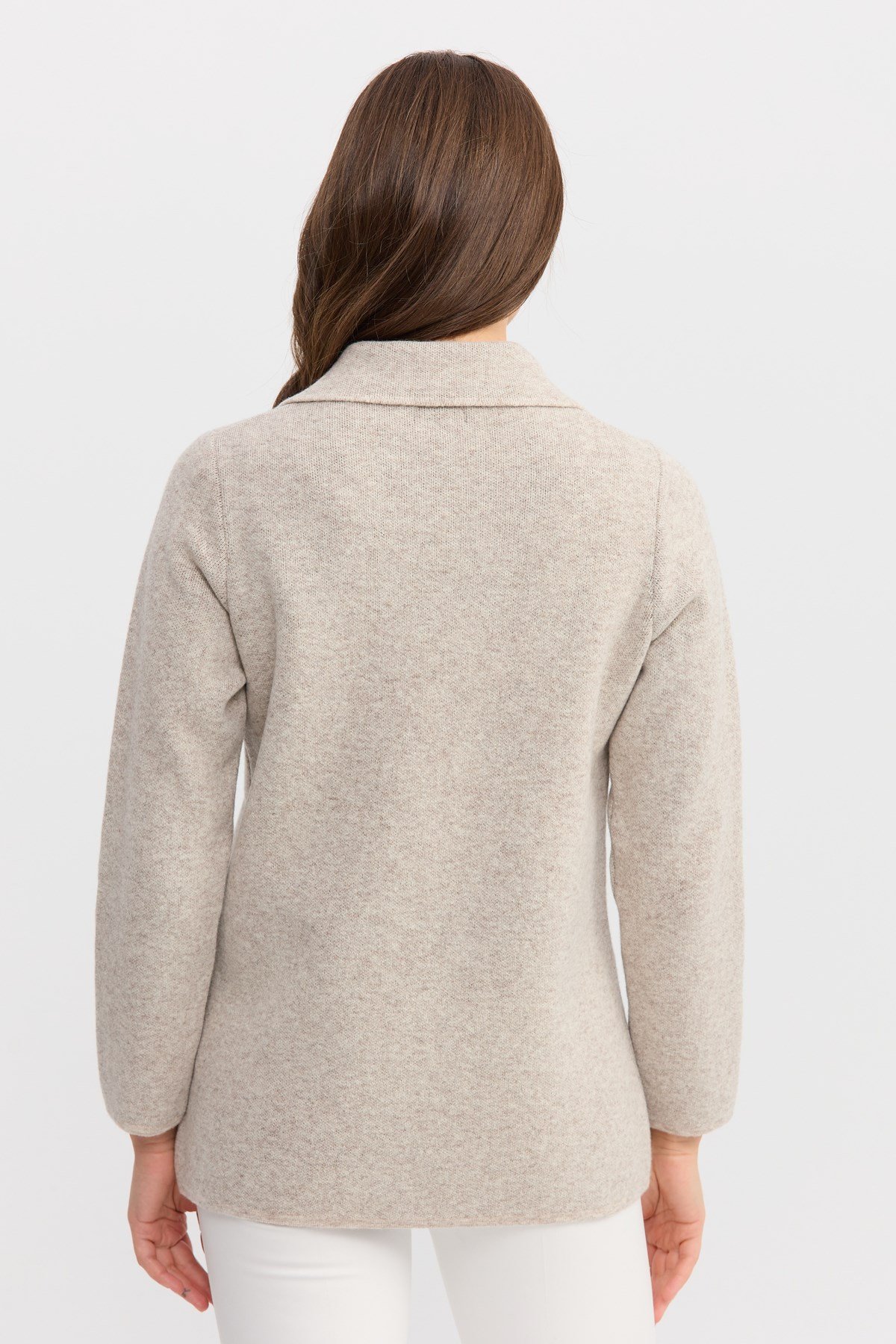 22128Kadın Polo Yaka Cebi Fermuarlı Yün Hırka V.Bej