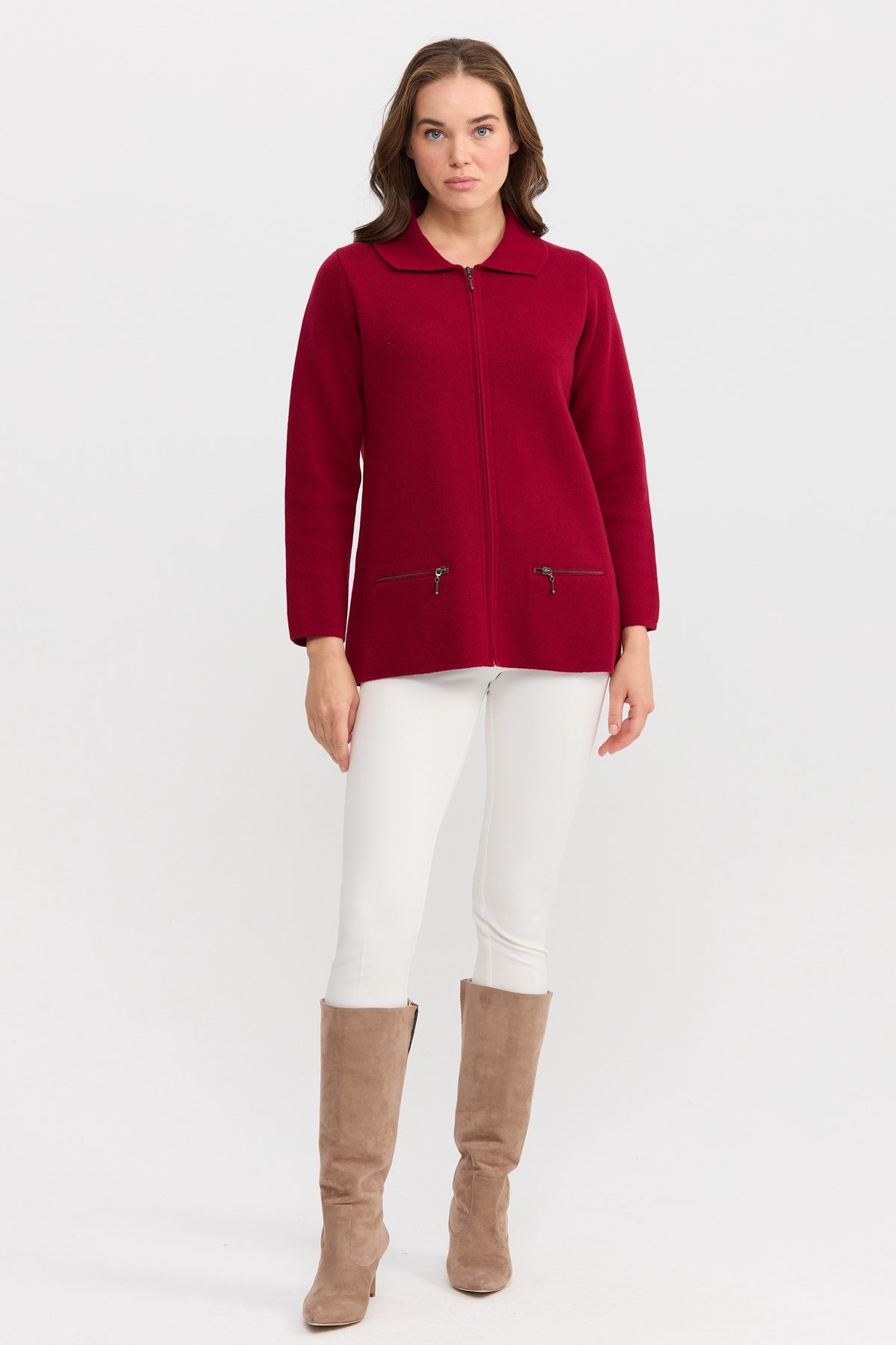 22128Kadın Polo Yaka Cebi Fermuarlı Yün Hırka V.Çürüğü