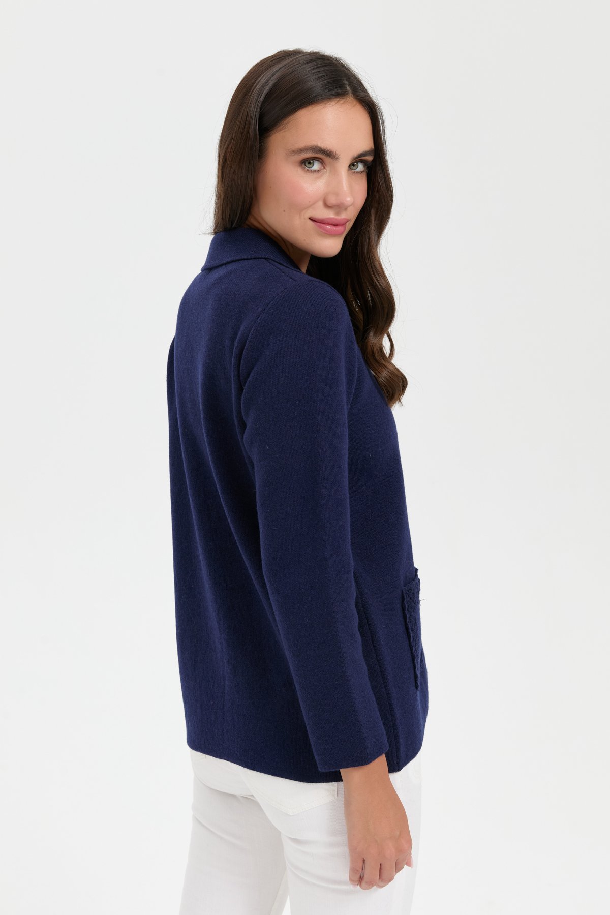 24015Kadın Polo Yaka Cebi Gül İşlemeli Kısa Yün Hırka Y.A Lacivert