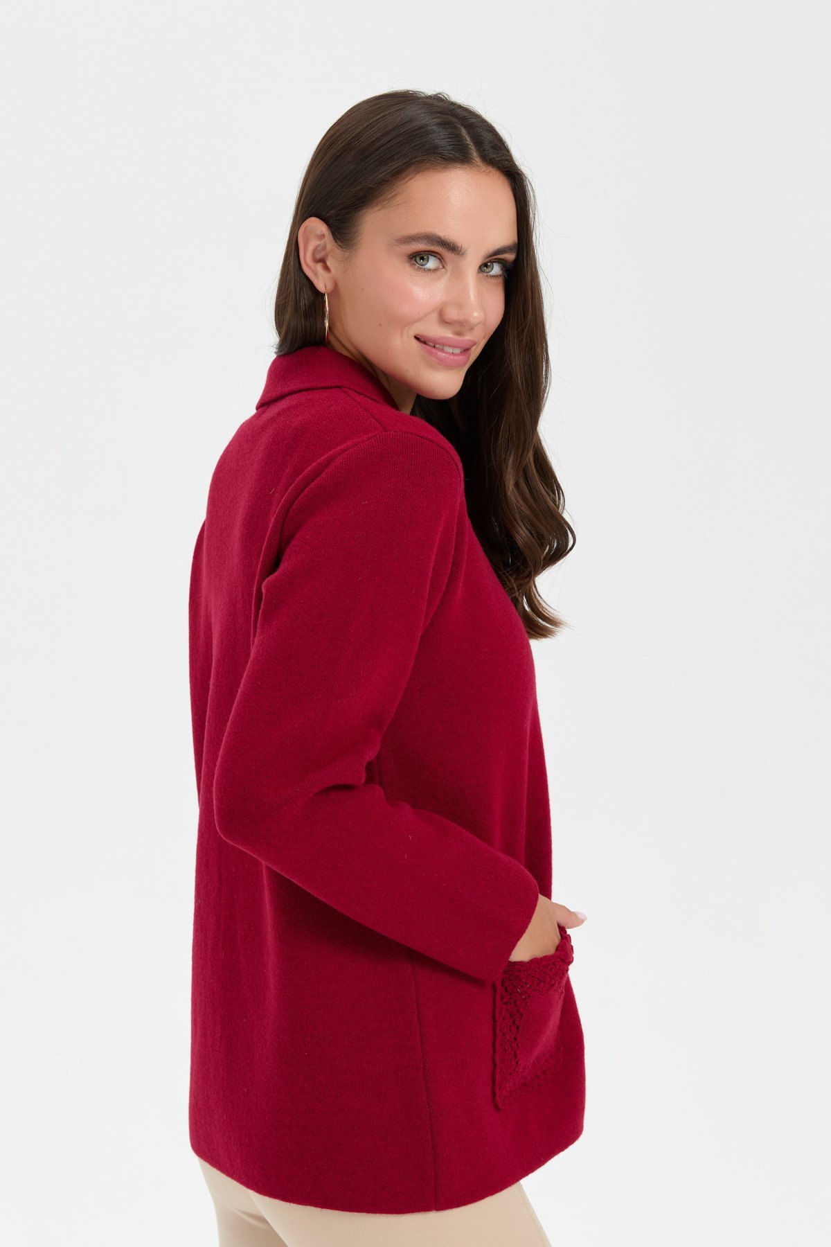 24015Kadın Polo Yaka Cebi Gül İşlemeli Kısa Yün Hırka V.Çürüğü