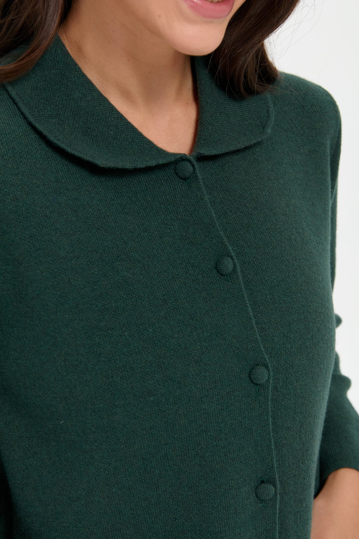 24015Kadın Polo Yaka Cebi Gül İşlemeli Kısa Yün Hırka Yeşil