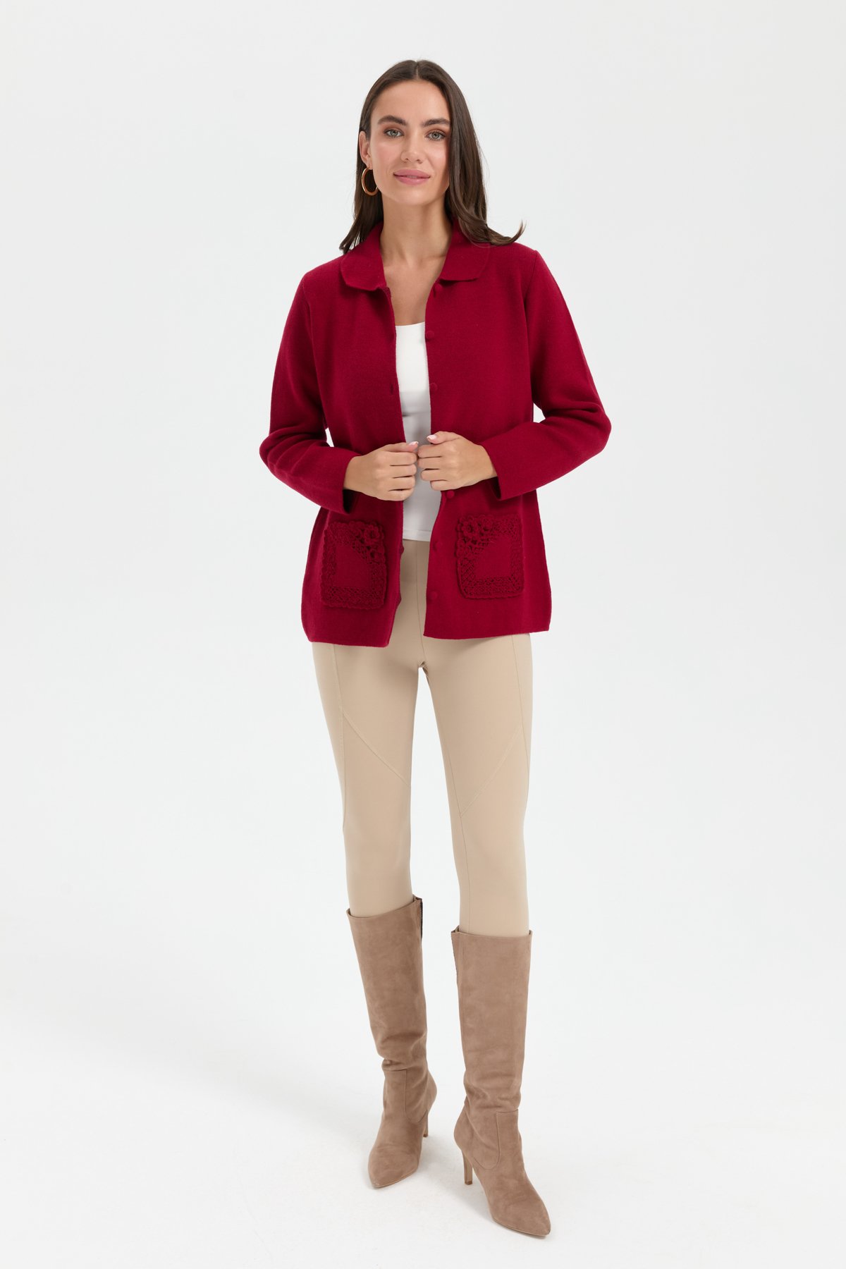 24015Kadın Polo Yaka Cebi Gül İşlemeli Kısa Yün Hırka V.Çürüğü