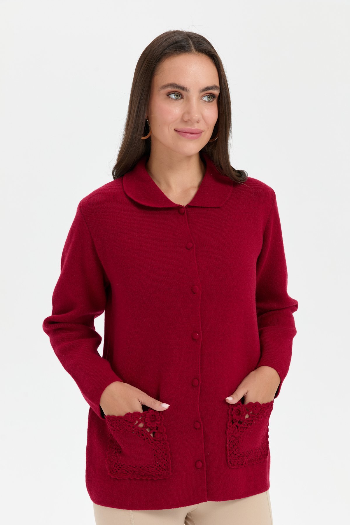 24015Kadın Polo Yaka Cebi Gül İşlemeli Kısa Yün Hırka V.Çürüğü