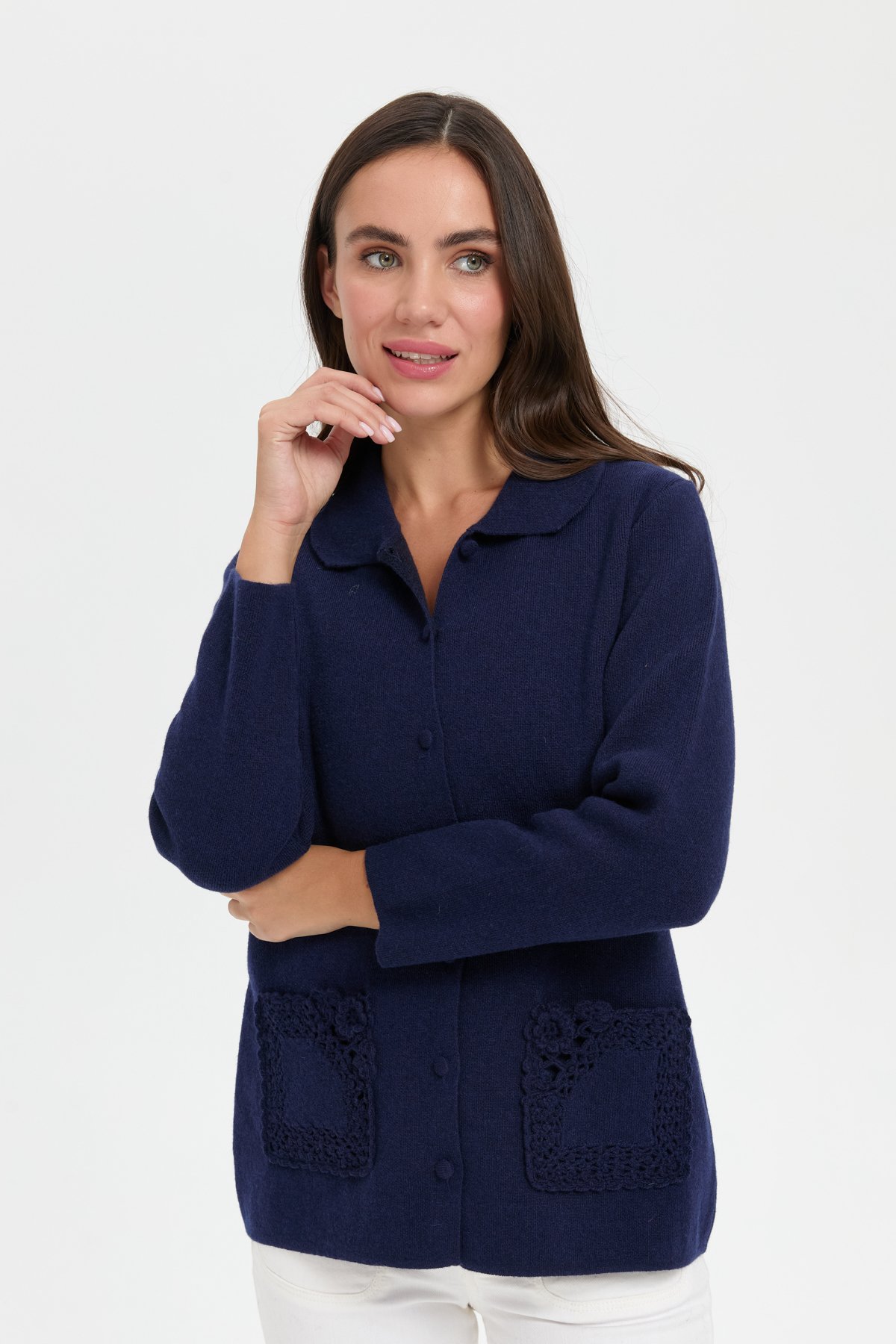 24015Kadın Polo Yaka Cebi Gül İşlemeli Kısa Yün Hırka Y.A Lacivert