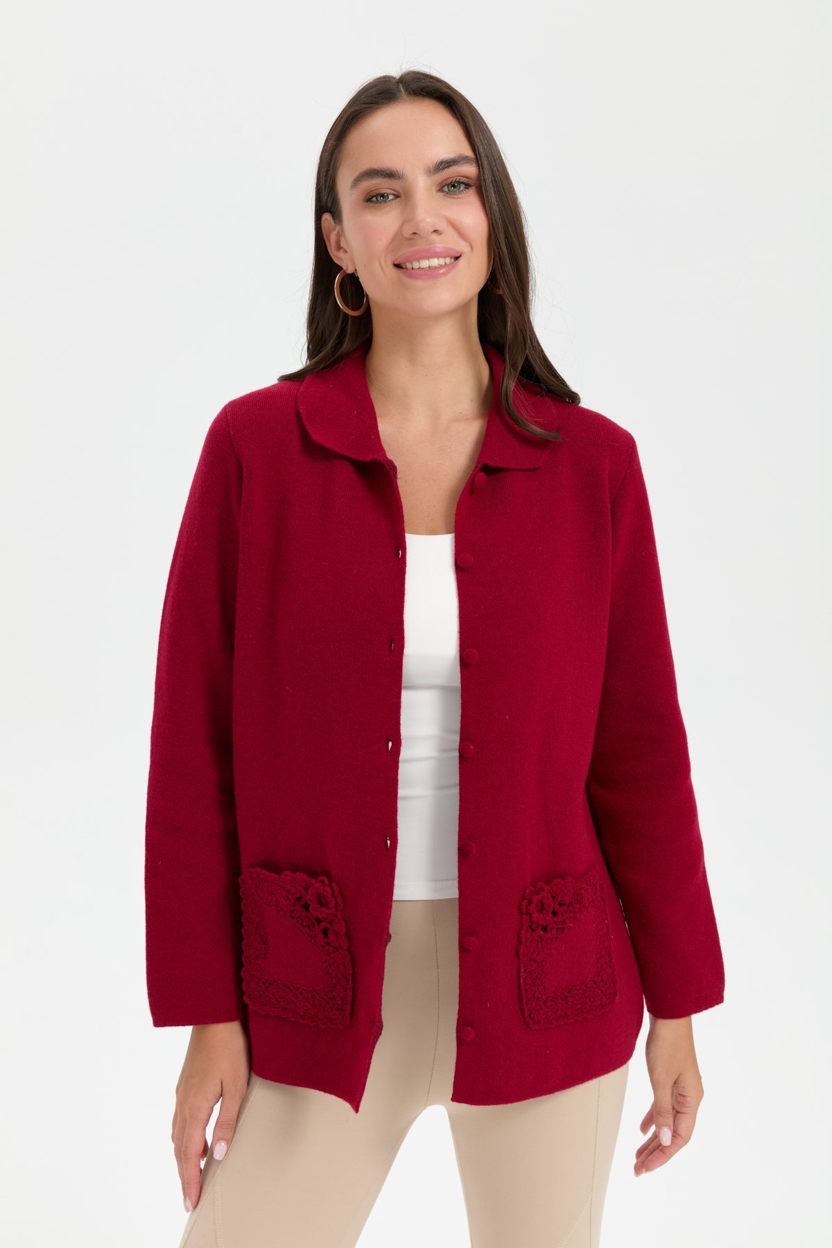 24015Kadın Polo Yaka Cebi Gül İşlemeli Kısa Yün Hırka V.Çürüğü