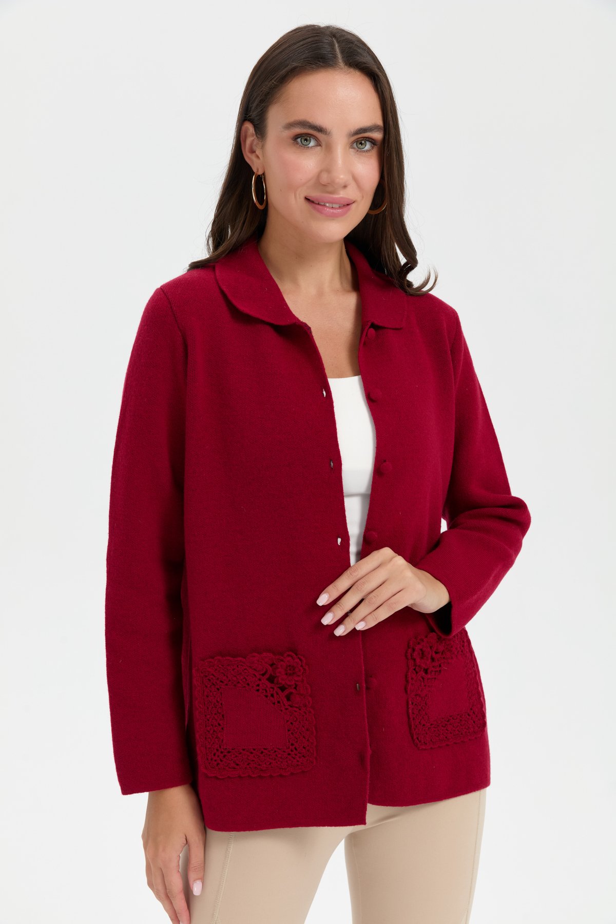 24015Kadın Polo Yaka Cebi Gül İşlemeli Kısa Yün Hırka V.Çürüğü