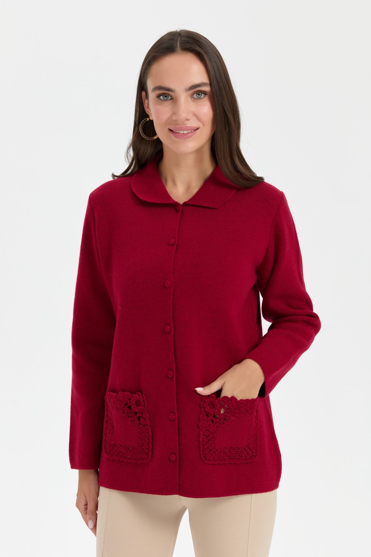 24015Kadın Polo Yaka Cebi Gül İşlemeli Kısa Yün Hırka V.Çürüğü