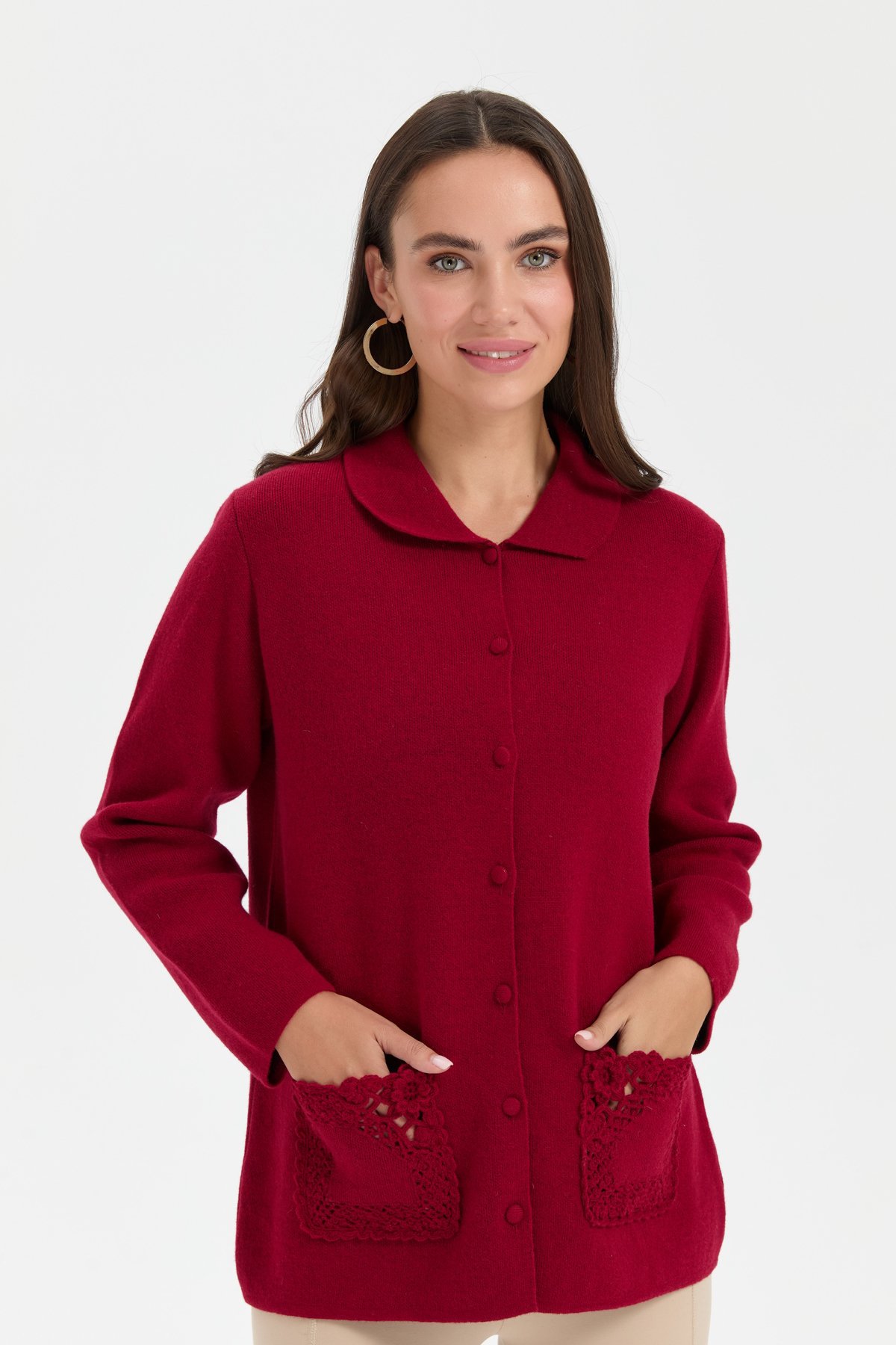 24015Kadın Polo Yaka Cebi Gül İşlemeli Kısa Yün Hırka V.Çürüğü