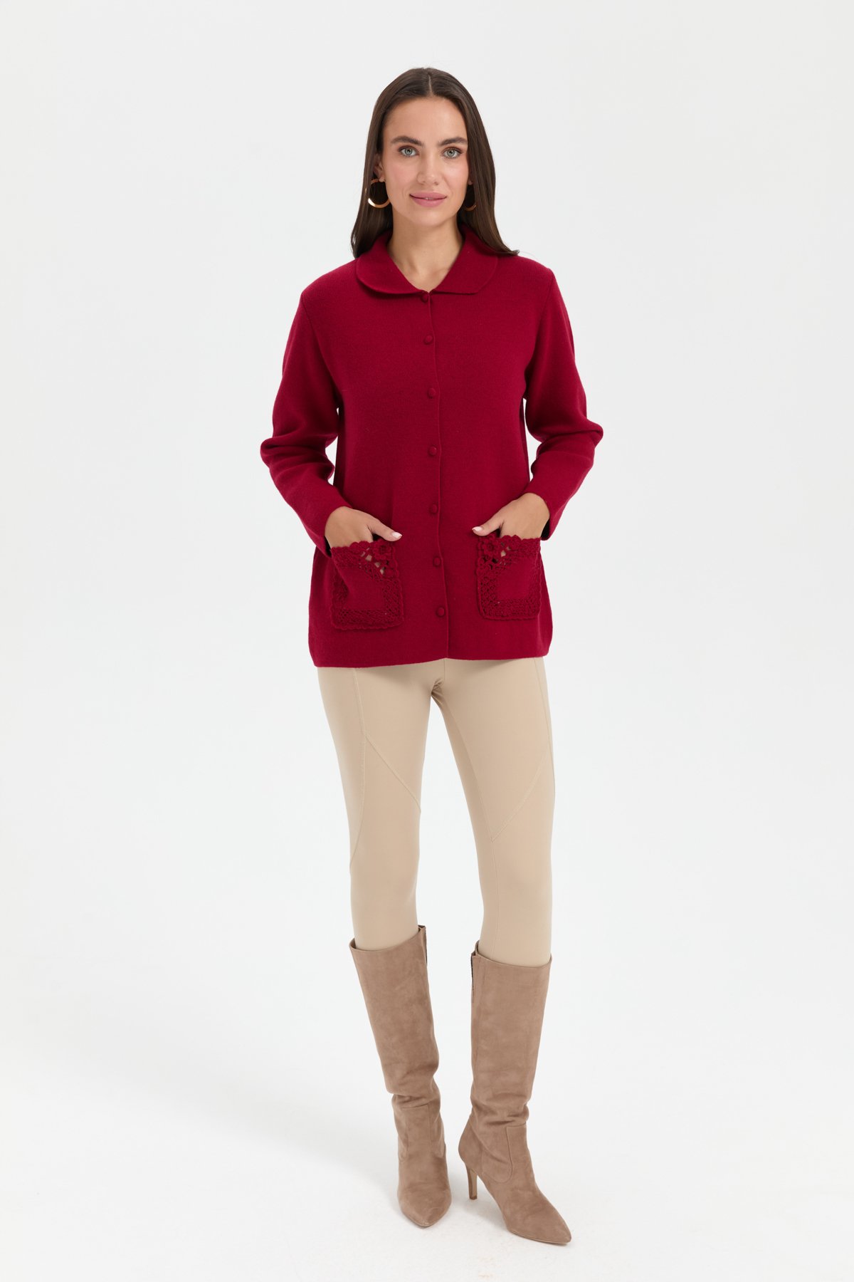 24015Kadın Polo Yaka Cebi Gül İşlemeli Kısa Yün Hırka V.Çürüğü