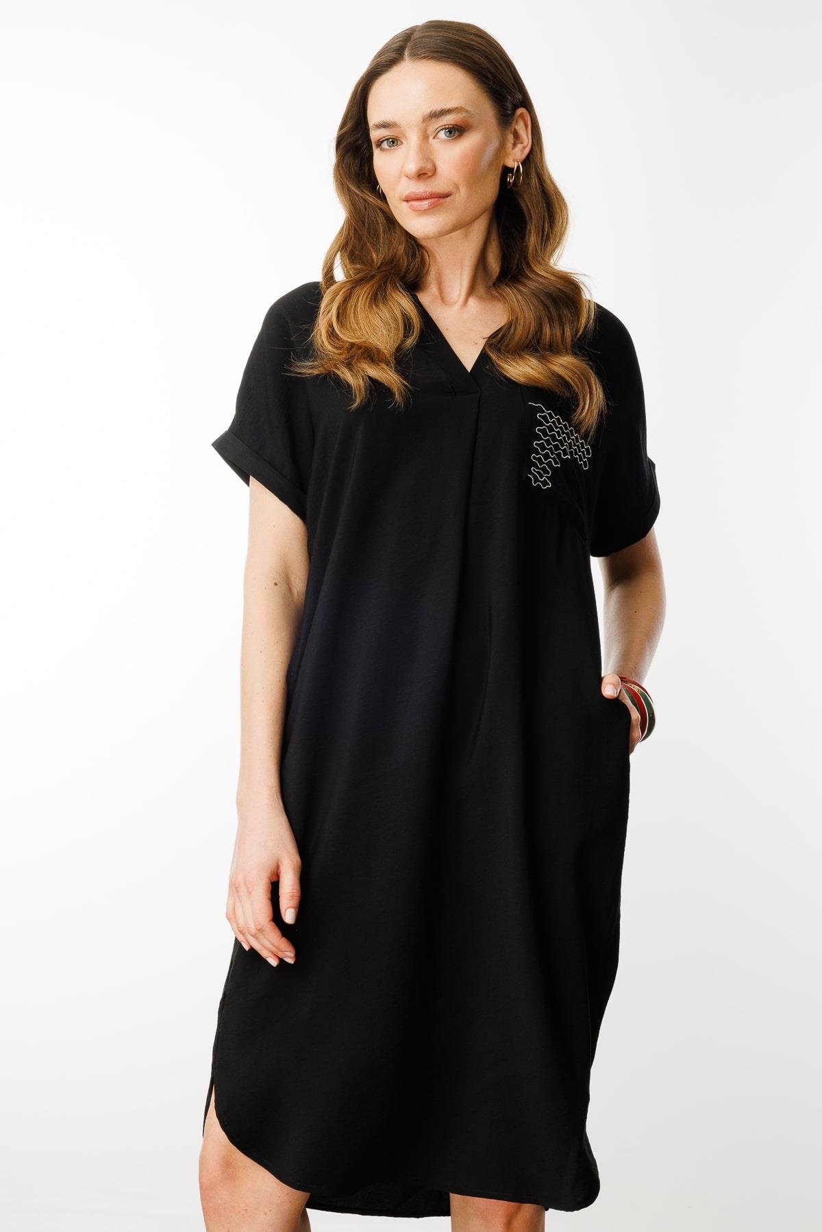 25819Kadın Polo Yaka Cebi Zincir Detaylı Elbise Siyah