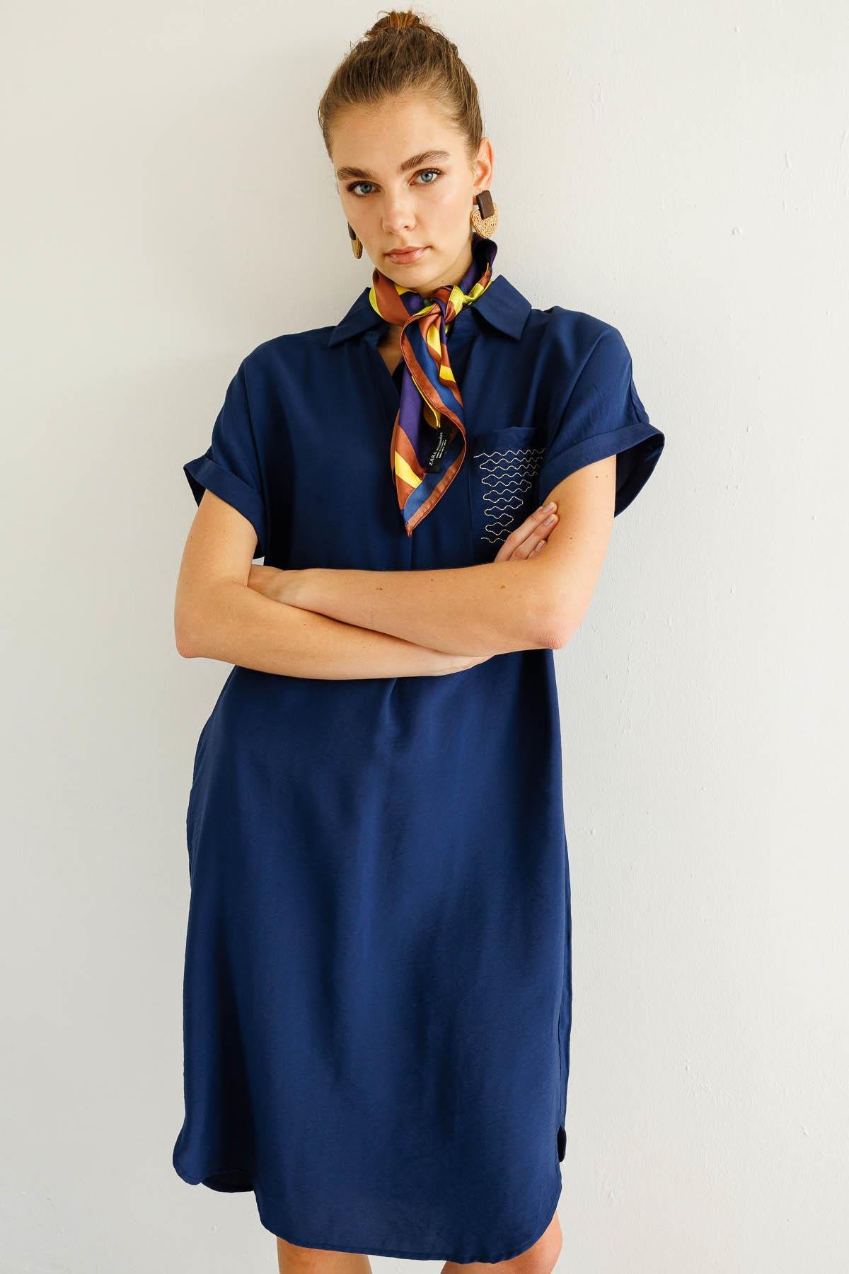 25819Kadın Polo Yaka Cebi Zincir Detaylı Elbise Lacivert