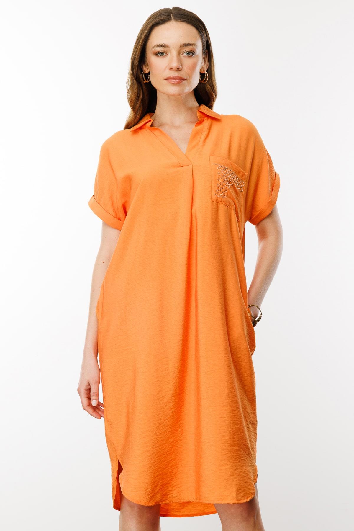 25819Kadın Polo Yaka Cebi Zincir Detaylı Elbise Oranj
