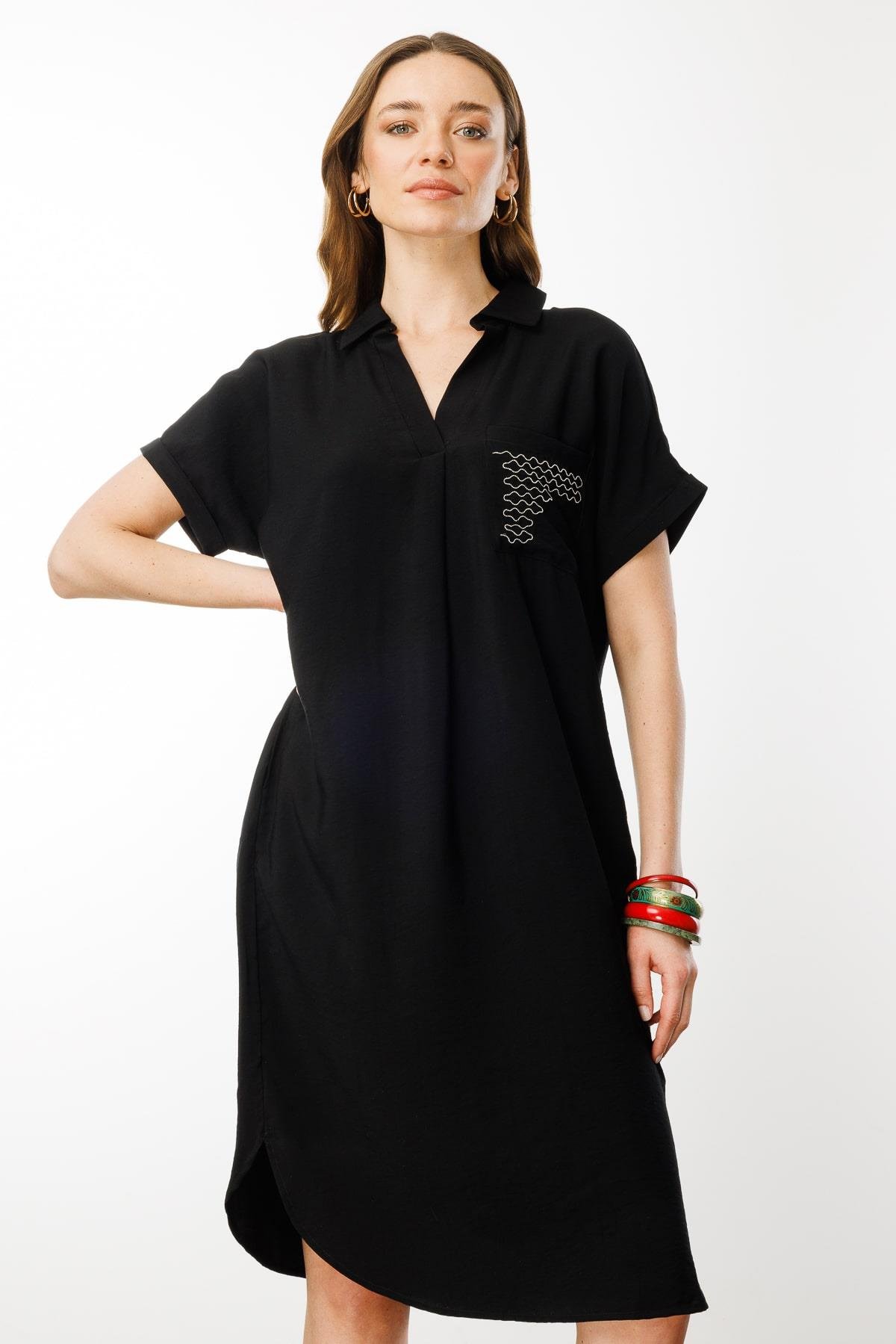 25819Kadın Polo Yaka Cebi Zincir Detaylı Elbise Siyah