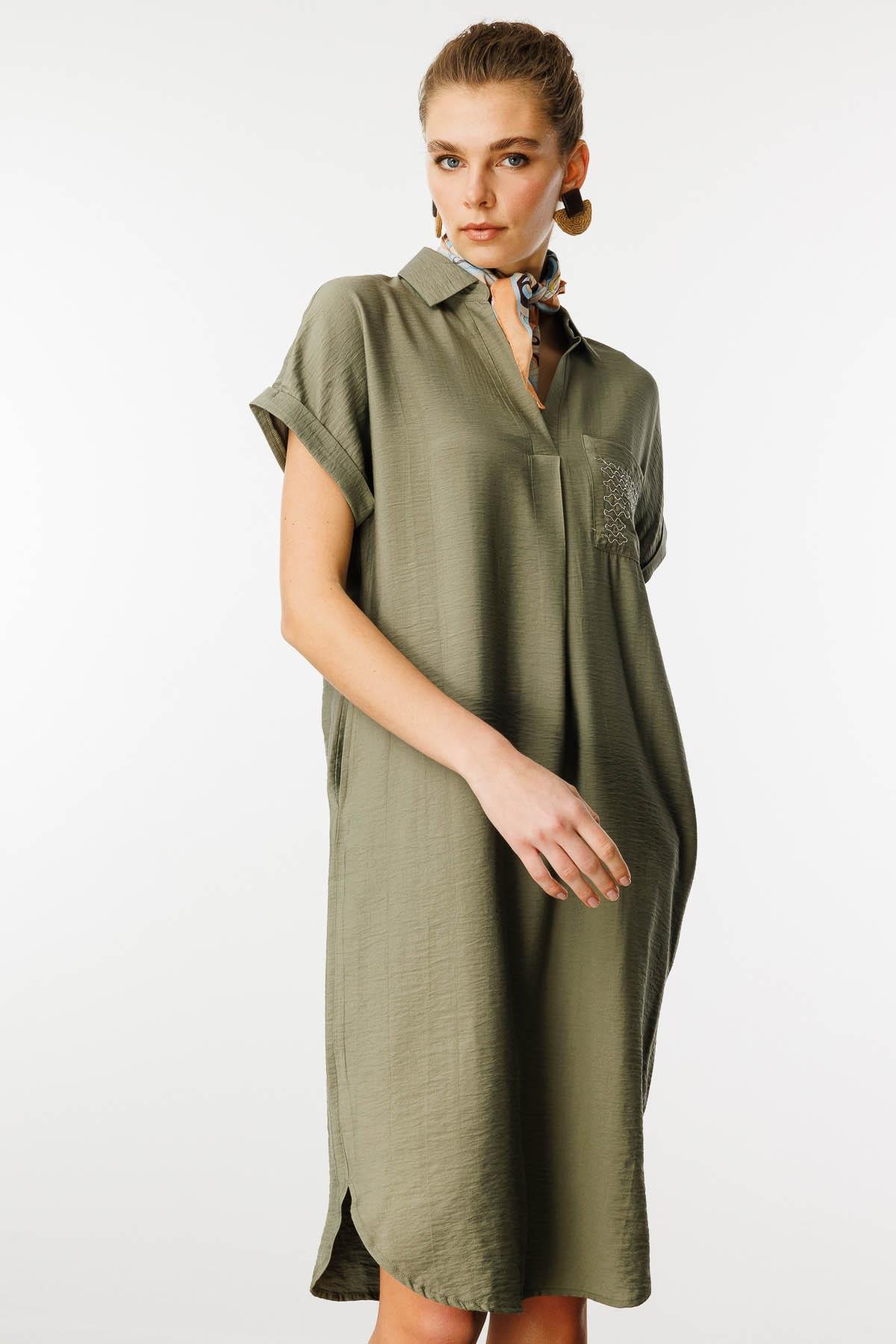 25819Kadın Polo Yaka Cebi Zincir Detaylı Elbise Haki