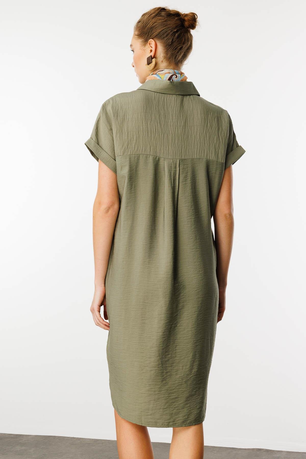 25819Kadın Polo Yaka Cebi Zincir Detaylı Elbise Haki